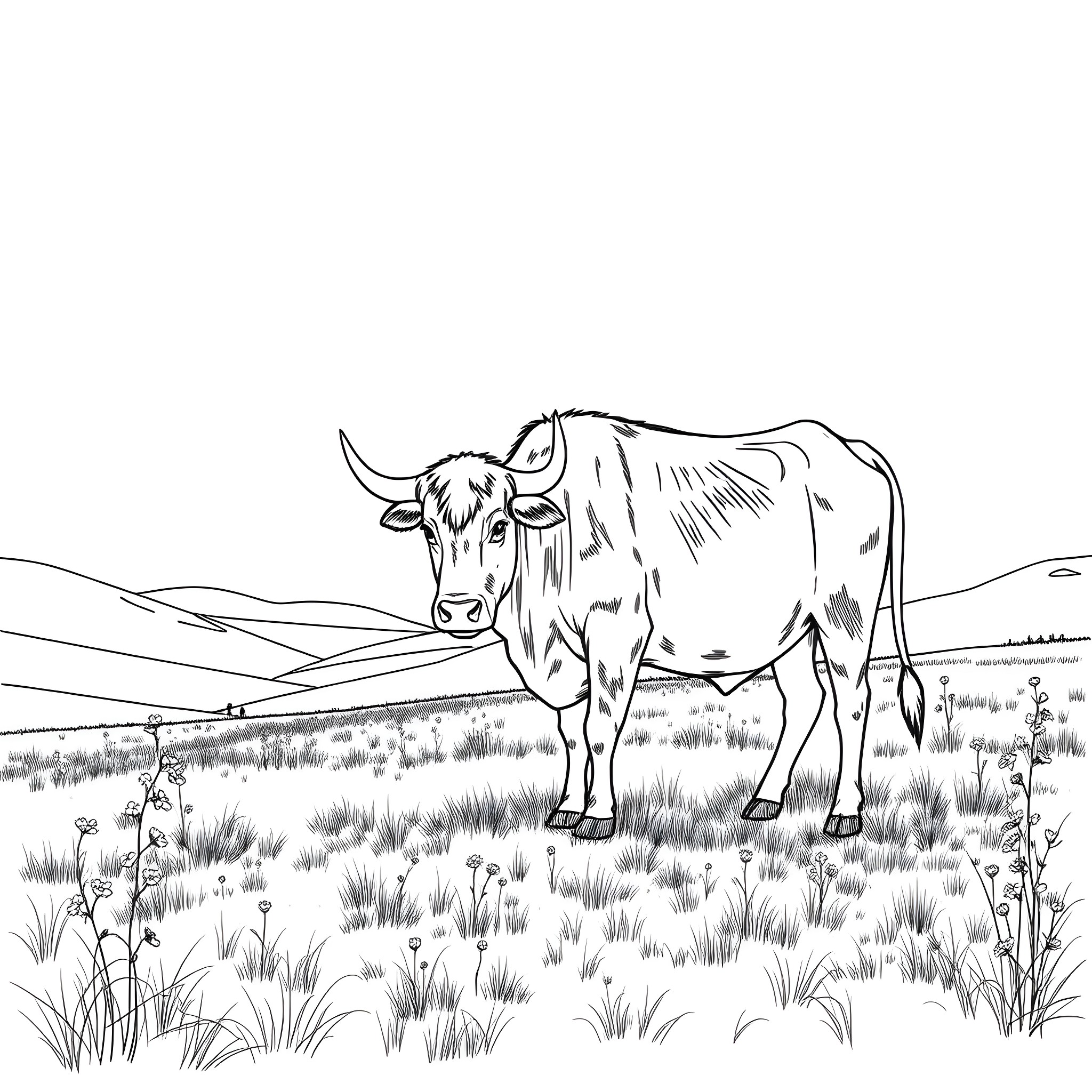 Bovine standing amidst grassy meadow Coloring Page (free black-and-white line drawing printable PDF for all, from beginners to advanced learners, including children, teens, adults, and seniors)