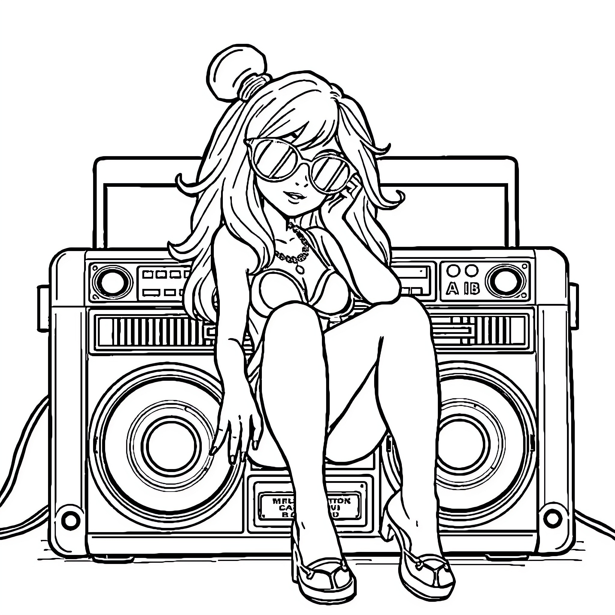 Girlfriend listening to music on retro boombox Coloring Page (free black-and-white line drawing printable PDF for all, from beginners to advanced learners, including children, teens, adults, and seniors)