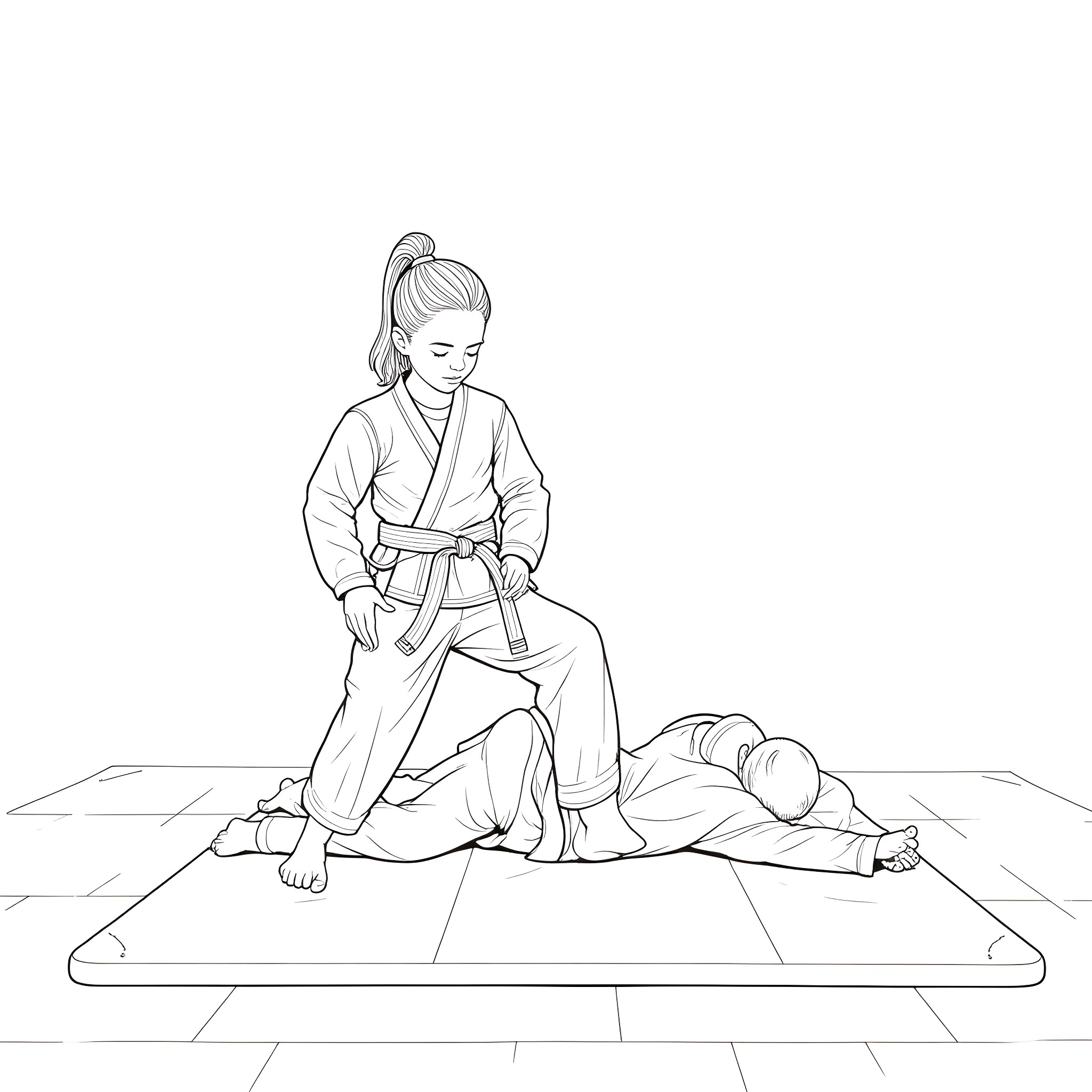 Girl practicing martial arts on floor Coloring Page (free black-and-white line drawing printable PDF for all, from beginners to advanced learners, including children, teens, adults, and seniors)