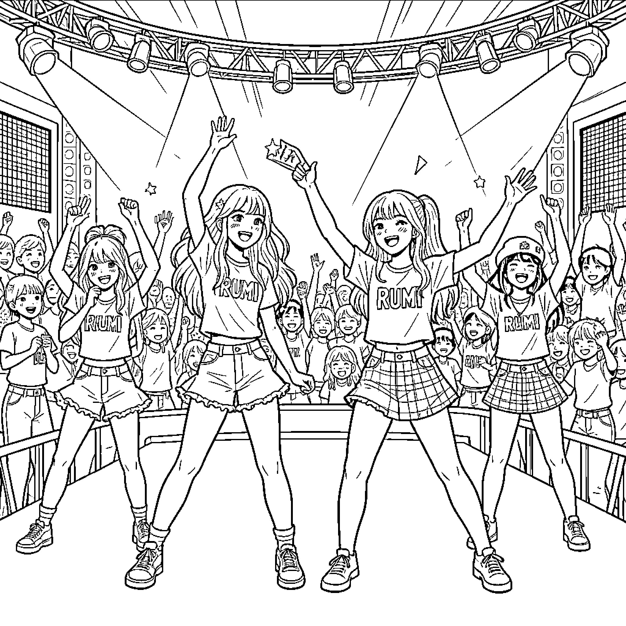 Rumi performing energetically on stage for a cheering crowd Coloring Page (free black-and-white line drawing printable PDF for all, from beginners to advanced learners, including children, teens, adults, and seniors)