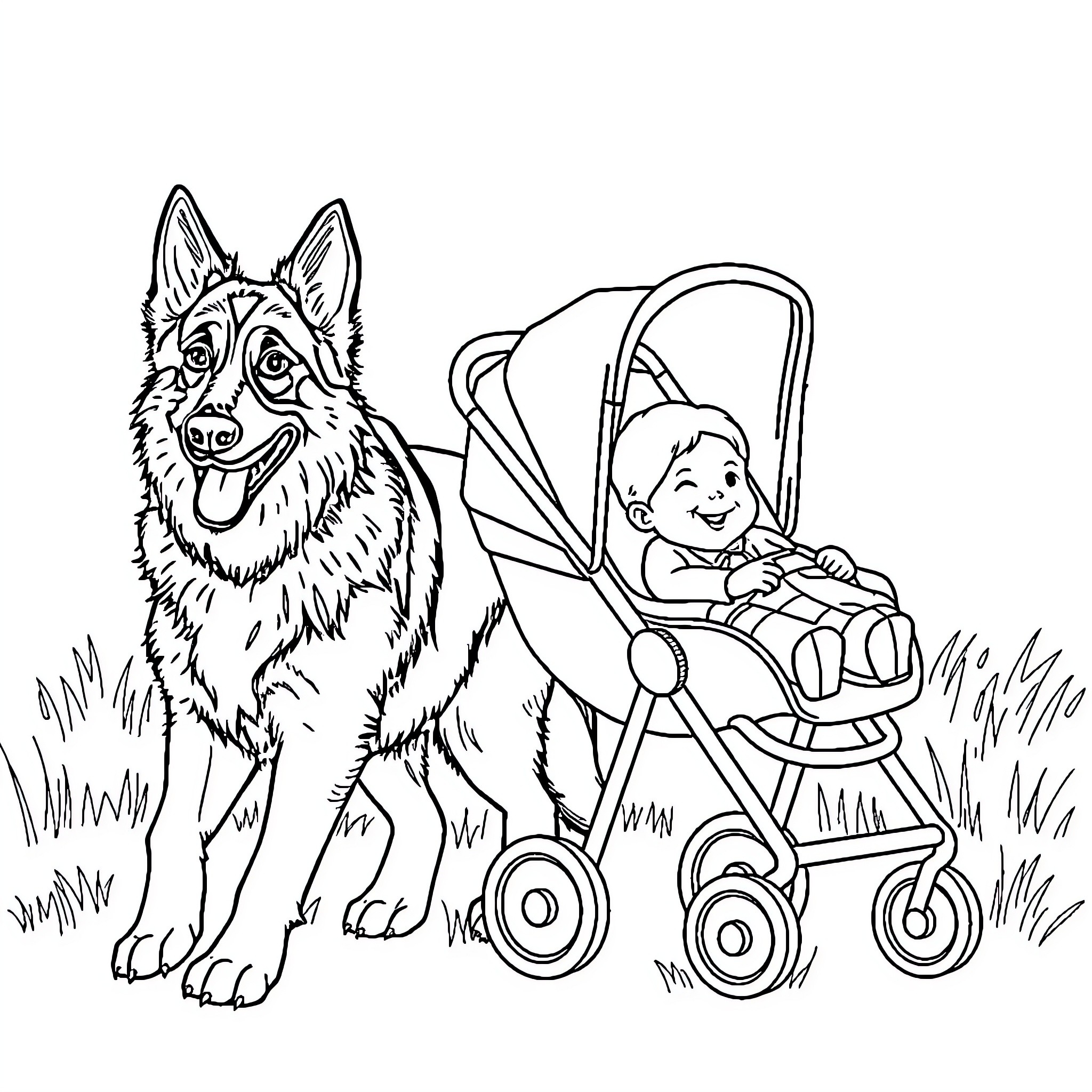German Shepherd guarding baby in stroller Coloring Page (free black-and-white line drawing printable PDF for all, from beginners to advanced learners, including children, teens, adults, and seniors)