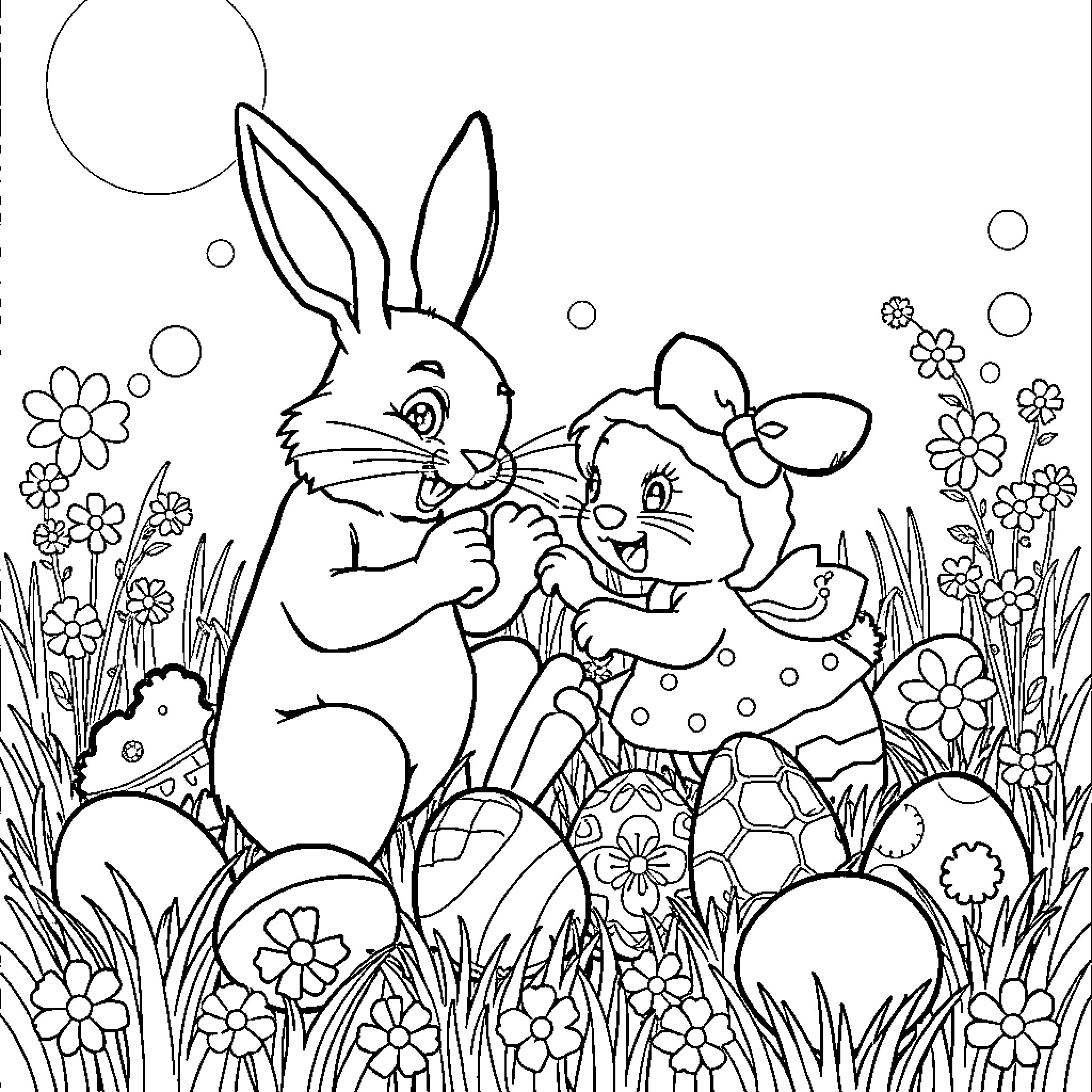 Bunny friends exploring the flowery meadow Coloring Page (free black-and-white line drawing printable PDF for all, from beginners to advanced learners, including children, teens, adults, and seniors)