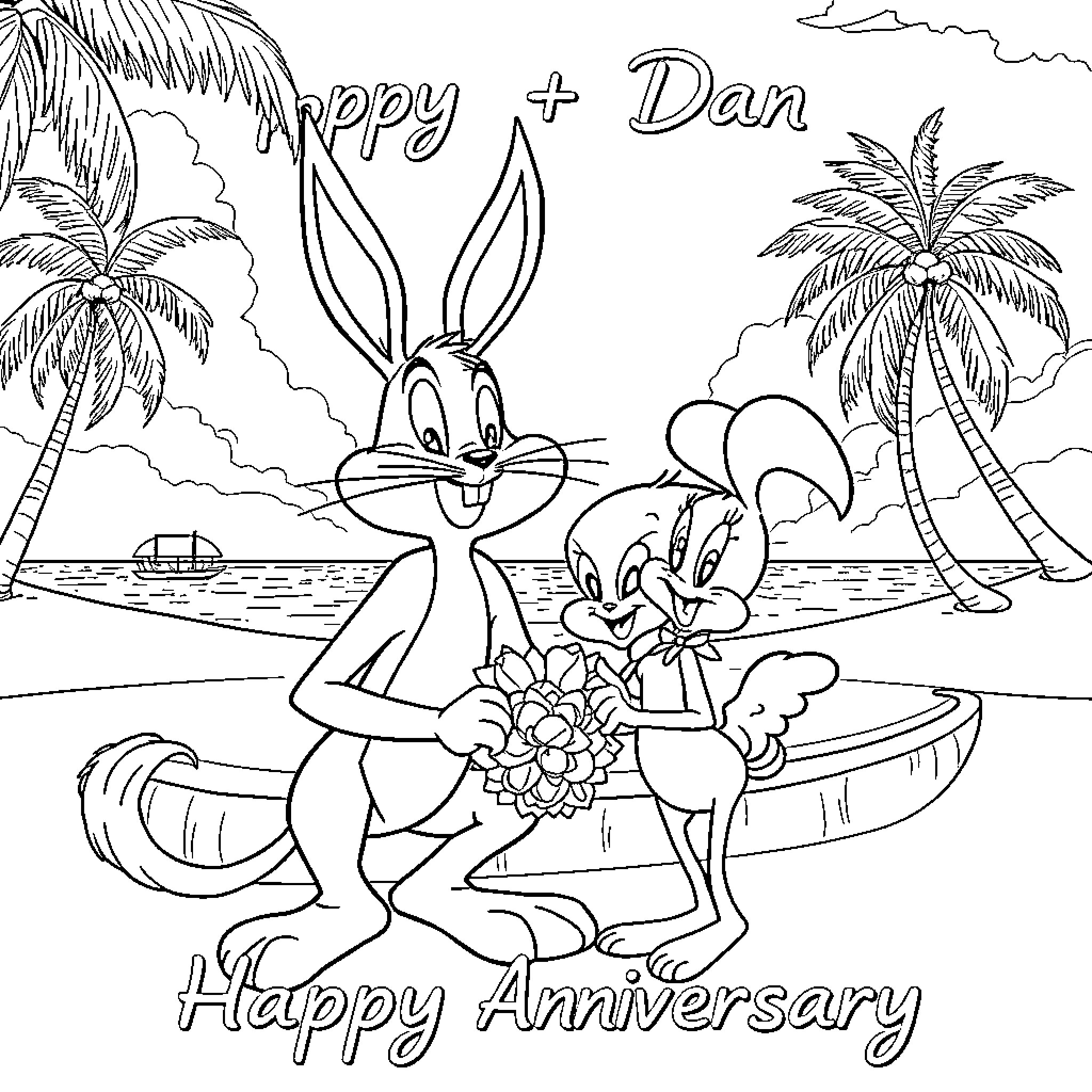 Bugs Bunny celebrating anniversary with Daffy Duck on tropical beach Coloring Page (free black-and-white line drawing printable PDF for all, from beginners to advanced learners, including children, teens, adults, and seniors)