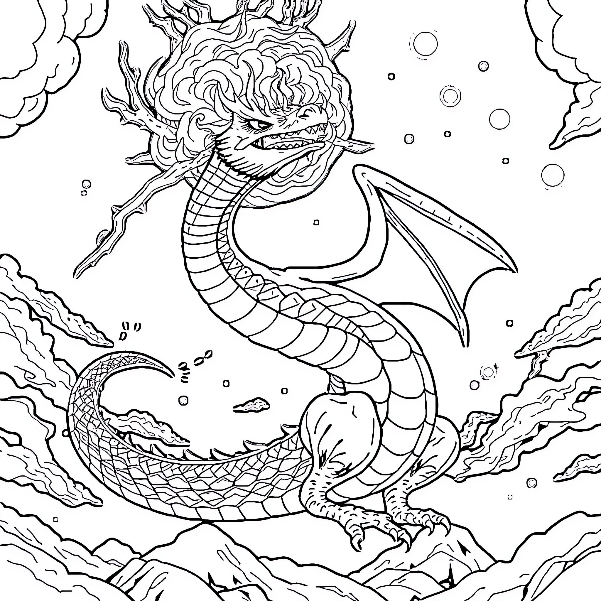 Dracolosse's Majestic Underwater Escapade Coloring Page (free black-and-white line drawing printable PDF for all, from beginners to advanced learners, including children, teens, adults, and seniors)
