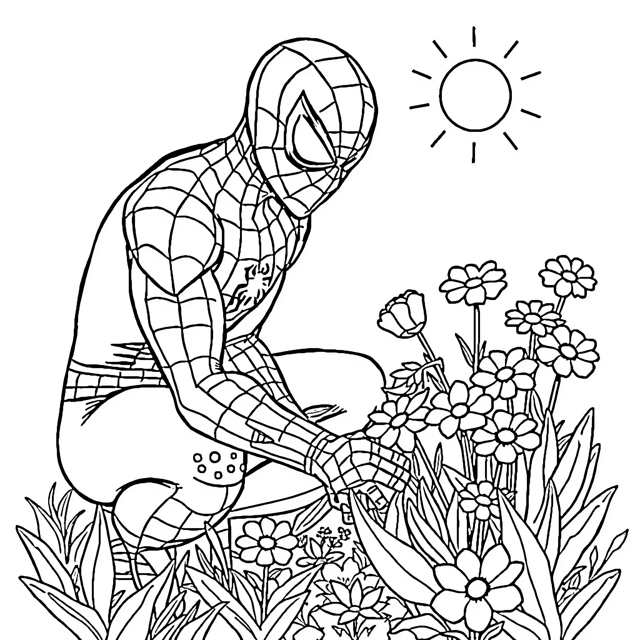 Spiderman enjoying nature and flowers Coloring Page (free black-and-white line drawing printable PDF for all, from beginners to advanced learners, including children, teens, adults, and seniors)