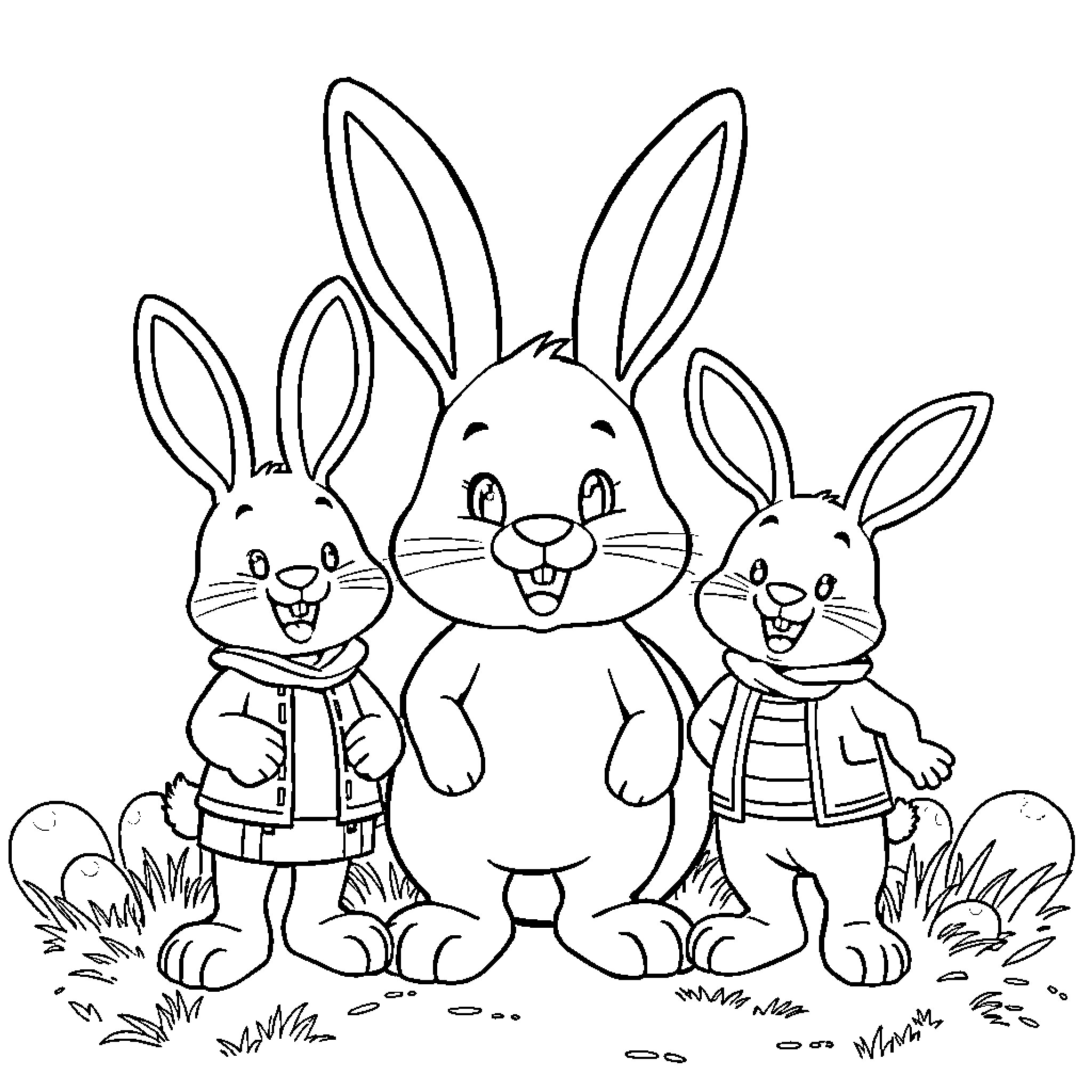 Rack Shack Benny happy bunnies posing together Coloring Page (free black-and-white line drawing printable PDF for all, from beginners to advanced learners, including children, teens, adults, and seniors)