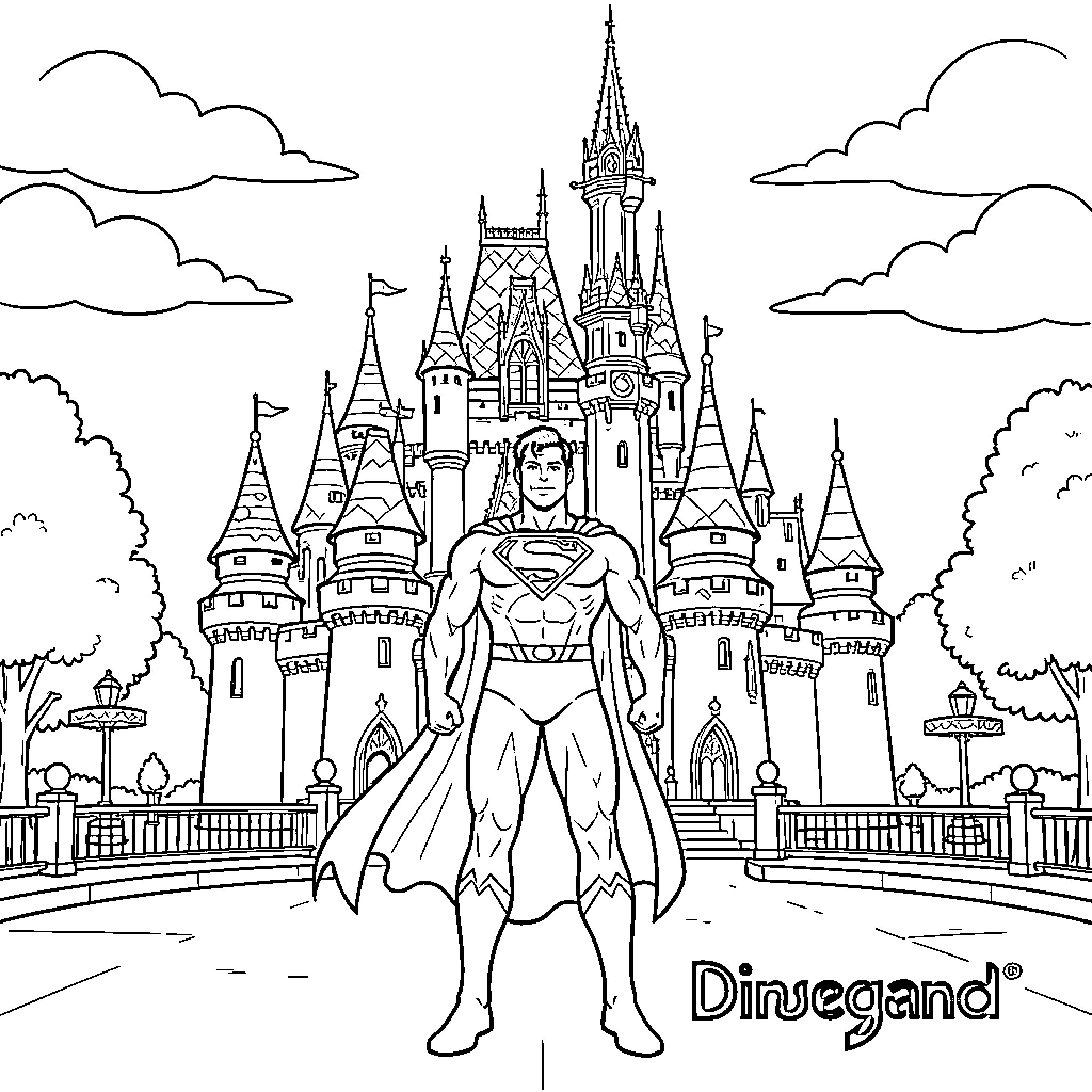 Superman standing heroically in front of a fantasy castle Coloring Page (free black-and-white line drawing printable PDF for all, from beginners to advanced learners, including children, teens, adults, and seniors)