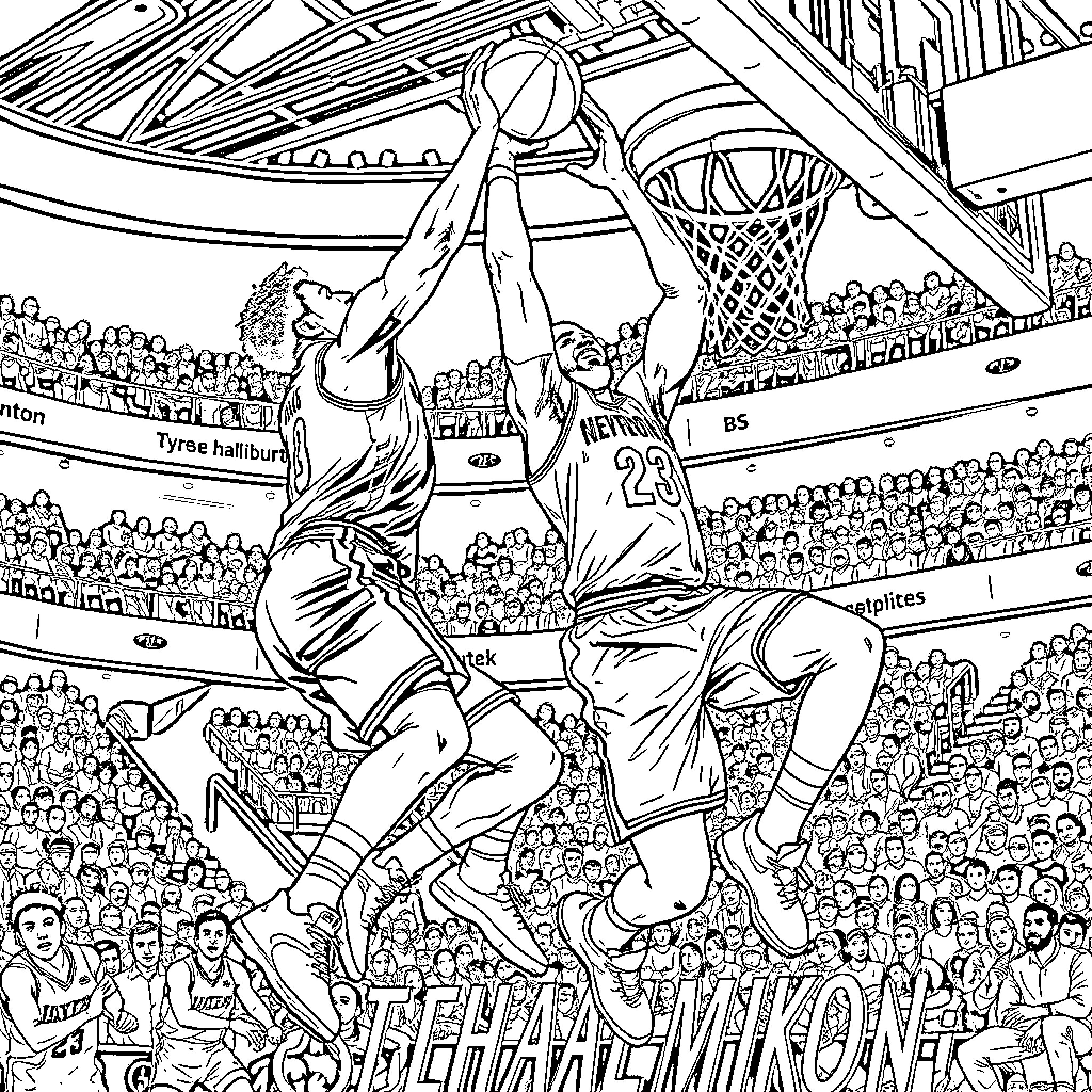 Tyrese Haliburton soaring for a powerful dunk in an intense basketball game Coloring Page (free black-and-white line drawing printable PDF for all, from beginners to advanced learners, including children, teens, adults, and seniors)