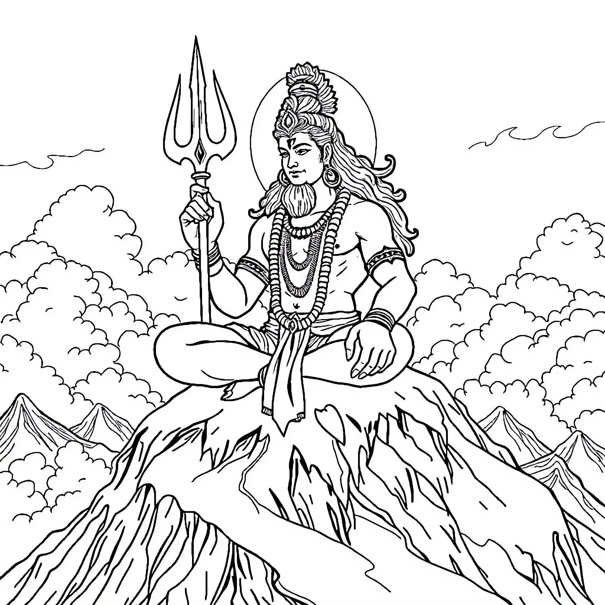 Mahadev seated on a mountain contemplating Coloring Page (free black-and-white line drawing printable PDF for all, from beginners to advanced learners, including children, teens, adults, and seniors)