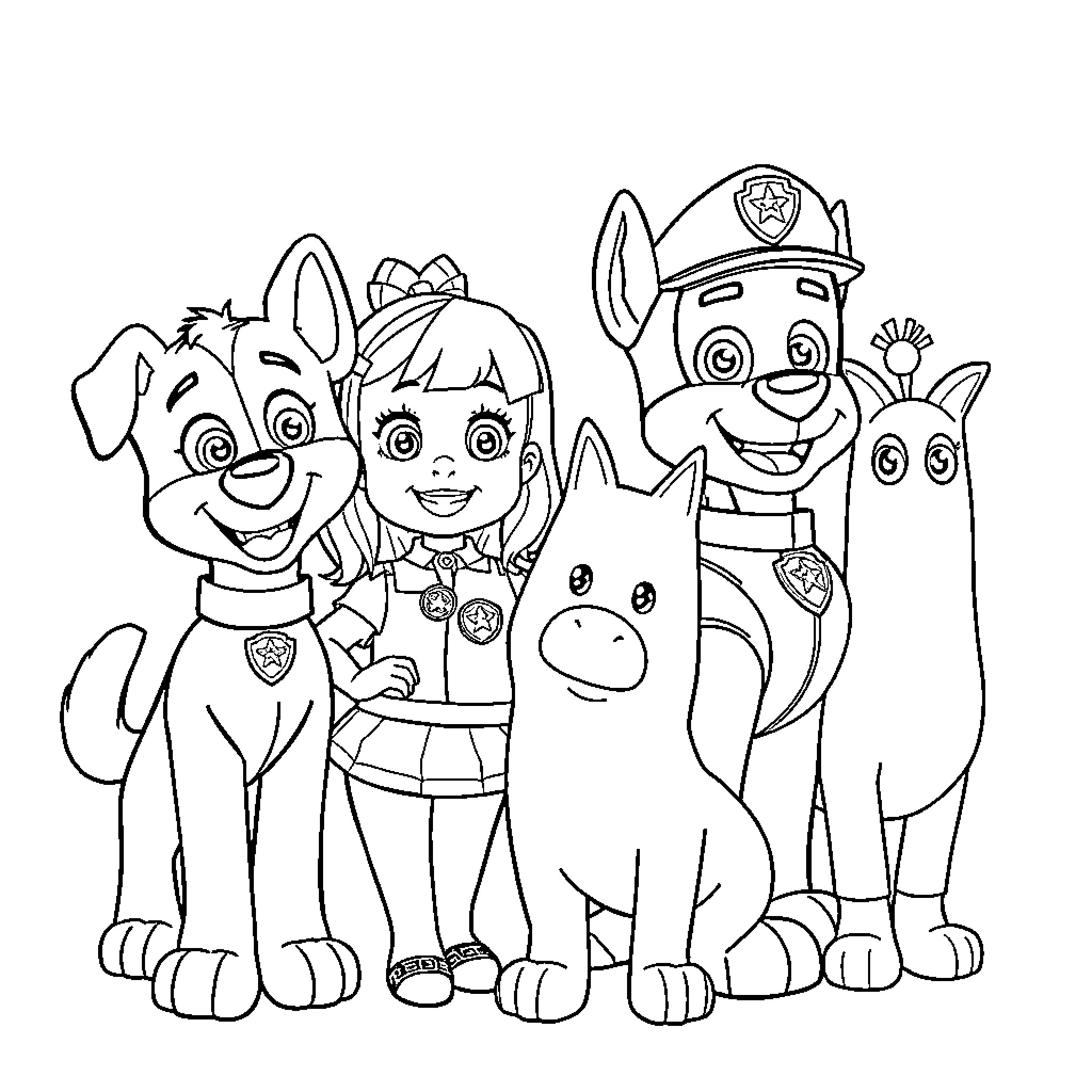 Character Group Playing Together Happily Coloring Page (free black-and-white line drawing printable PDF for all, from beginners to advanced learners, including children, teens, adults, and seniors)
