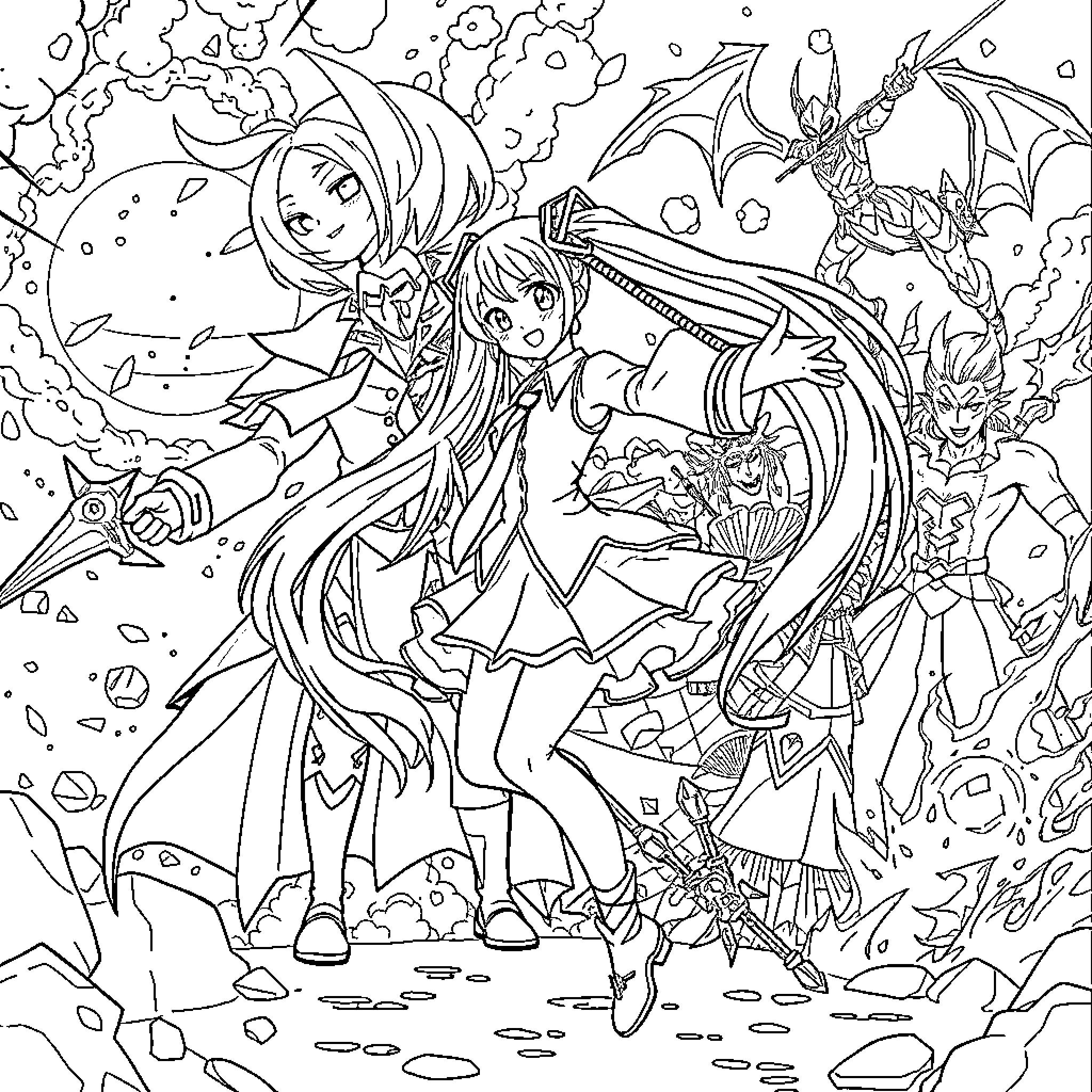 Miku and friends in a fantastical adventure Coloring Page (free black-and-white line drawing printable PDF for all, from beginners to advanced learners, including children, teens, adults, and seniors)