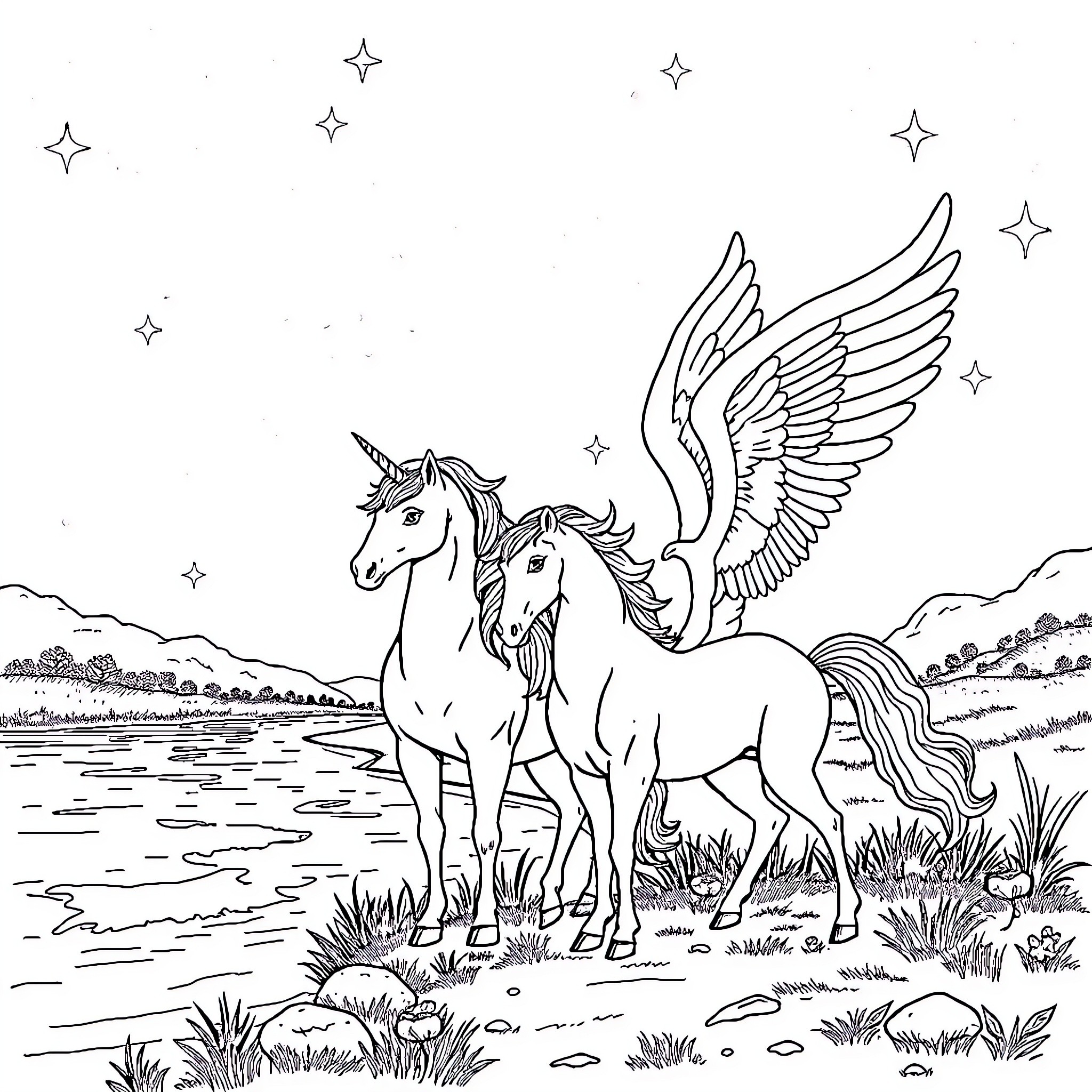 Unicorn pair soaring through starry night sky Coloring Page (free black-and-white line drawing printable PDF for all, from beginners to advanced learners, including children, teens, adults, and seniors)