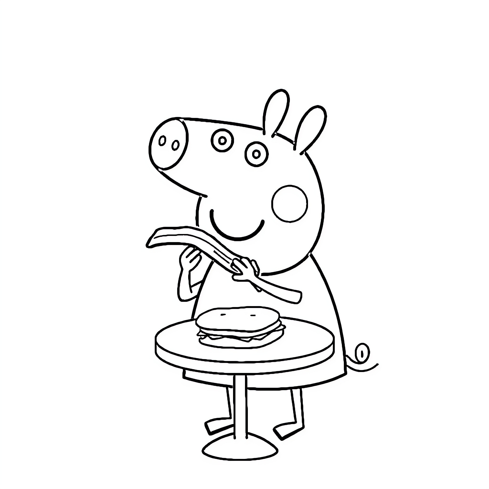 Peppa Pig enjoying a tasty burger Coloring Page (free black-and-white line drawing printable PDF for all, from beginners to advanced learners, including children, teens, adults, and seniors)