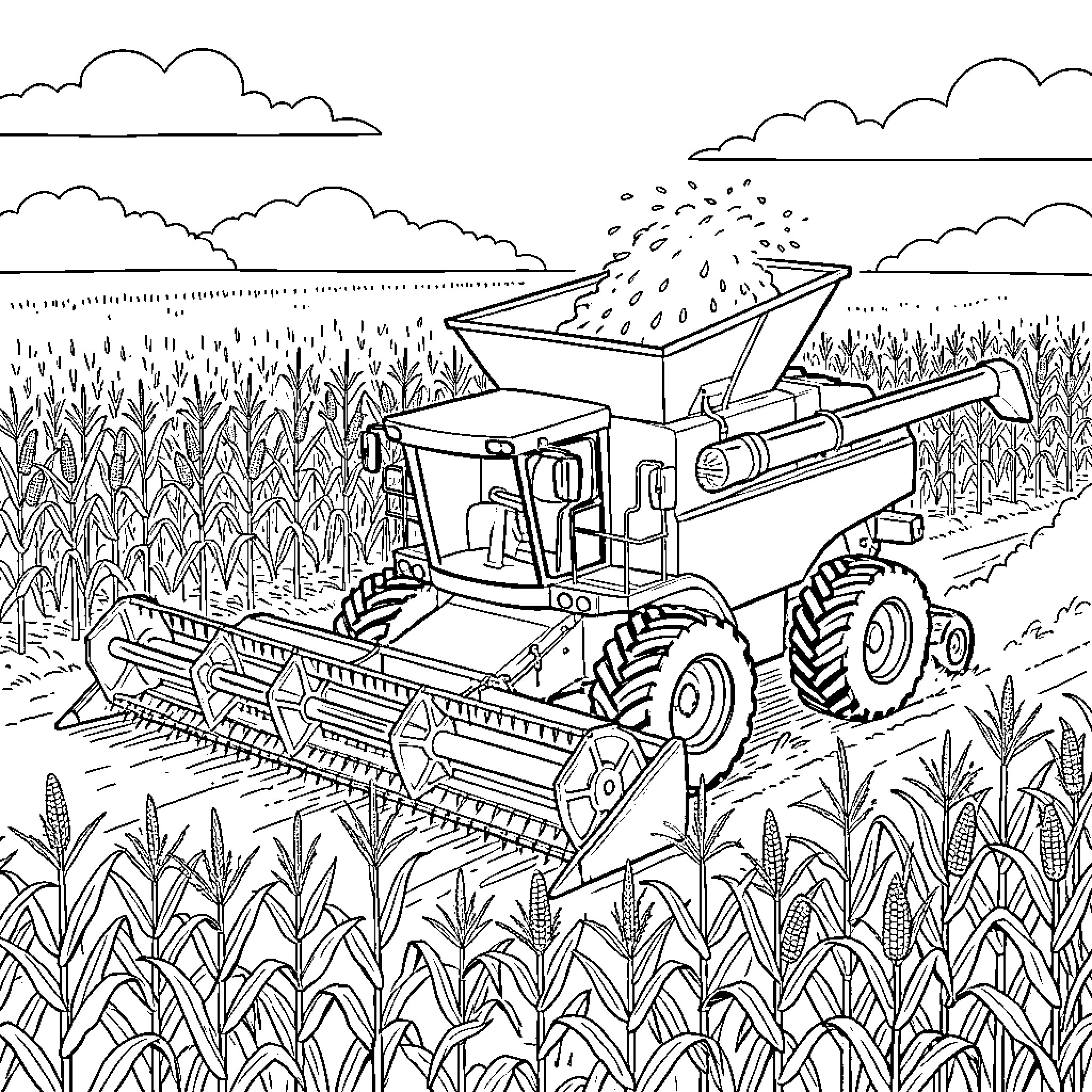 Combine Harvesting Crops in the Countryside Coloring Page (free black-and-white line drawing printable PDF for all, from beginners to advanced learners, including children, teens, adults, and seniors)