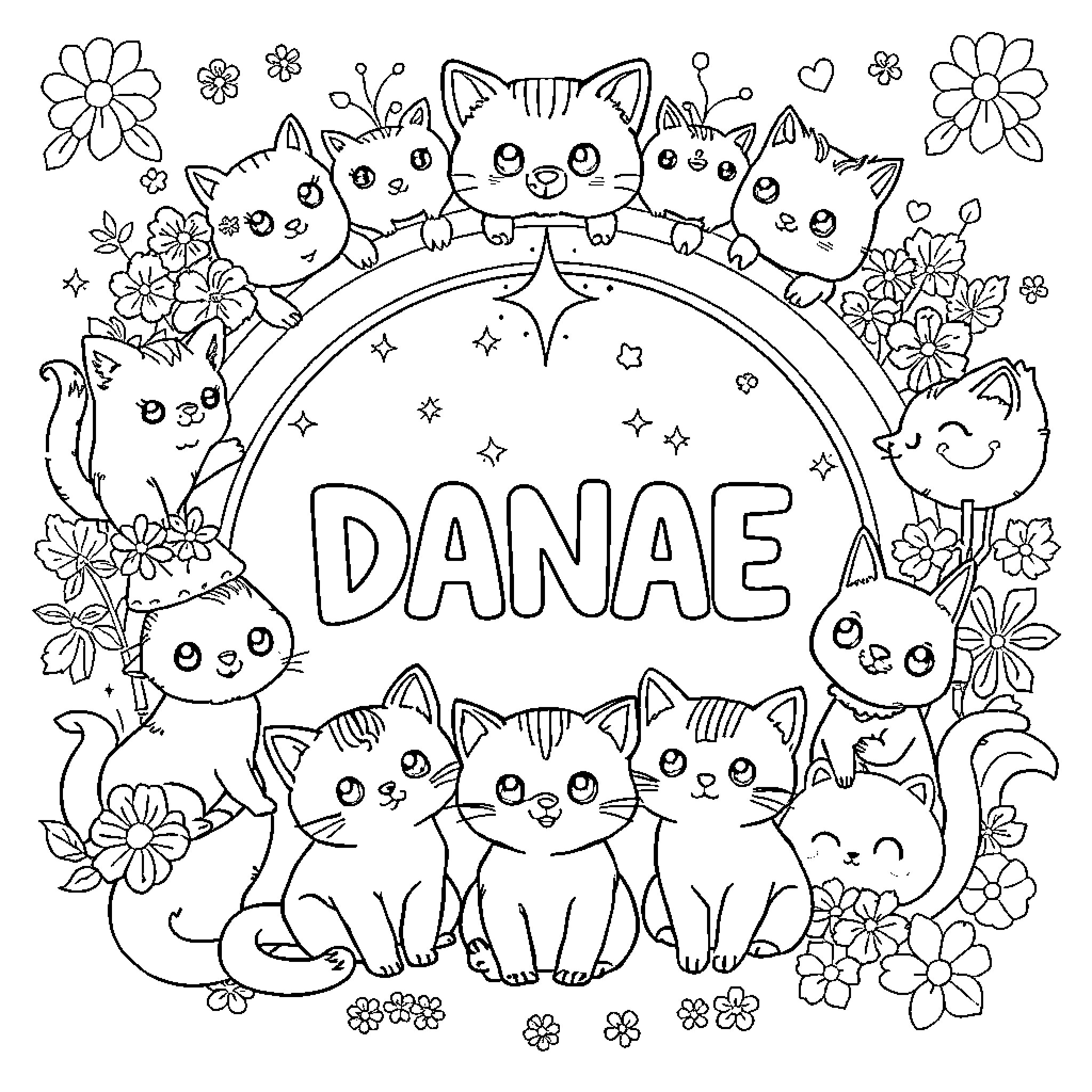 Kawaii Kitty Playhouse with Blooming Flowers Coloring Page (free black-and-white line drawing printable PDF for all, from beginners to advanced learners, including children, teens, adults, and seniors)