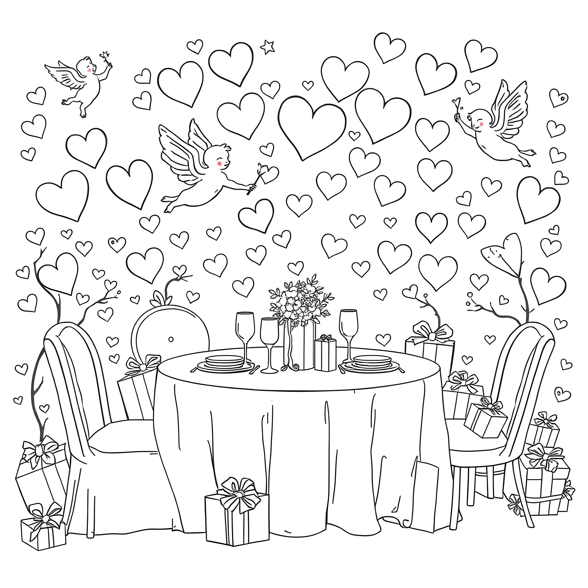 Valentine's Day Romantic Dinner with Hearts and Cupids Coloring Page (free black-and-white line drawing printable PDF for all, from beginners to advanced learners, including children, teens, adults, and seniors)