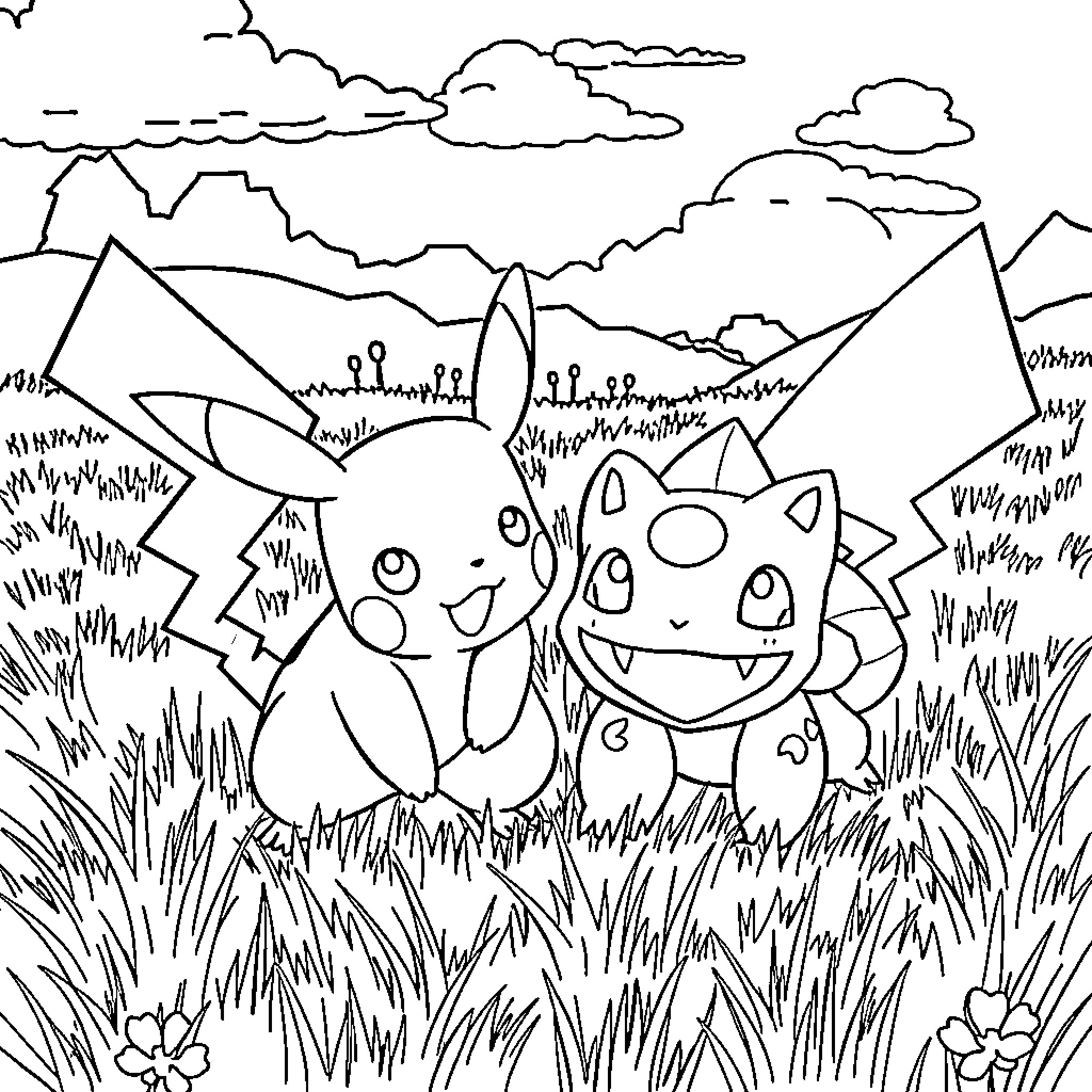 Pokémon characters exploring a mountainous landscape Coloring Page (free black-and-white line drawing printable PDF for all, from beginners to advanced learners, including children, teens, adults, and seniors)
