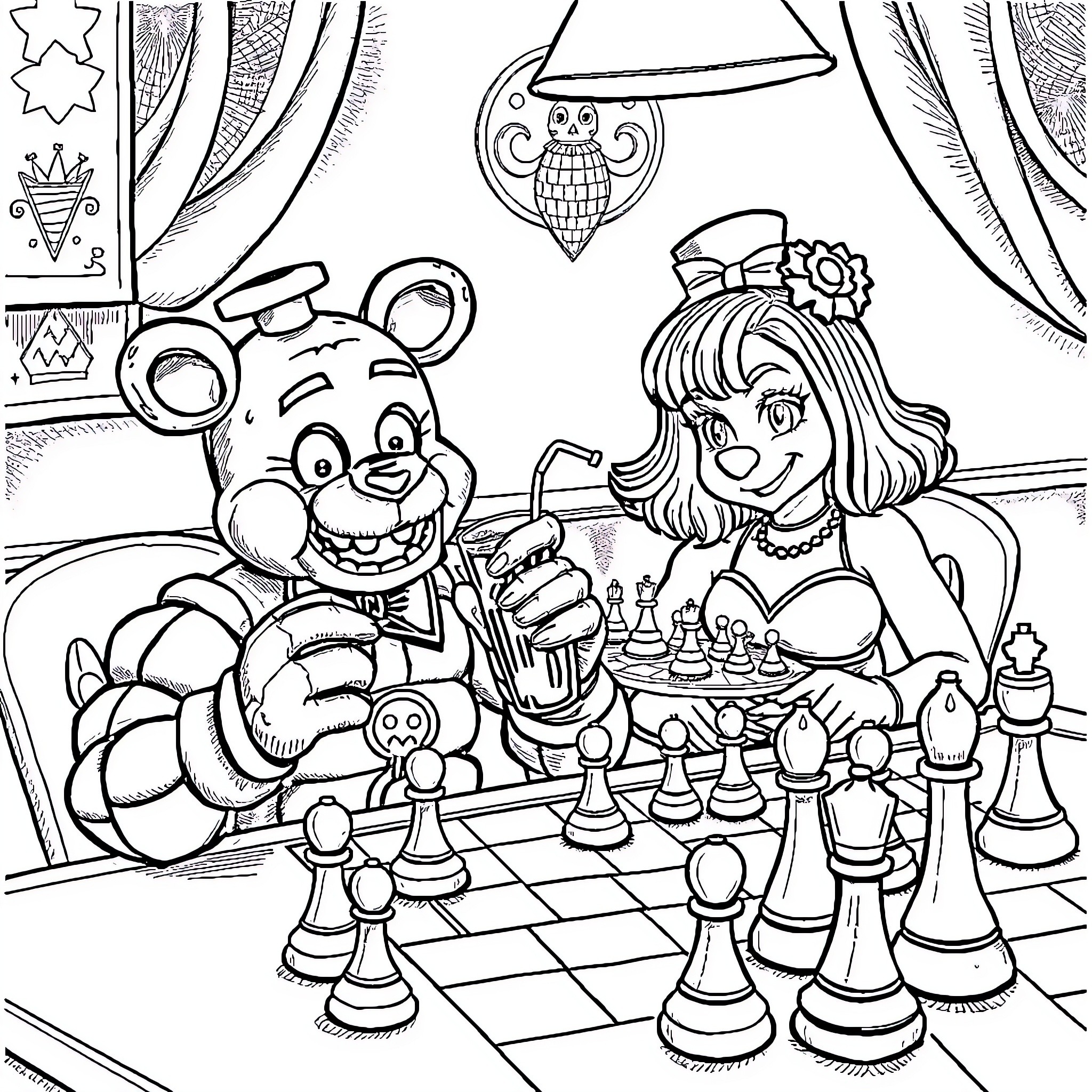 Freddy Fazbear playing chess with a cheerful woman Coloring Page (free black-and-white line drawing printable PDF for all, from beginners to advanced learners, including children, teens, adults, and seniors)