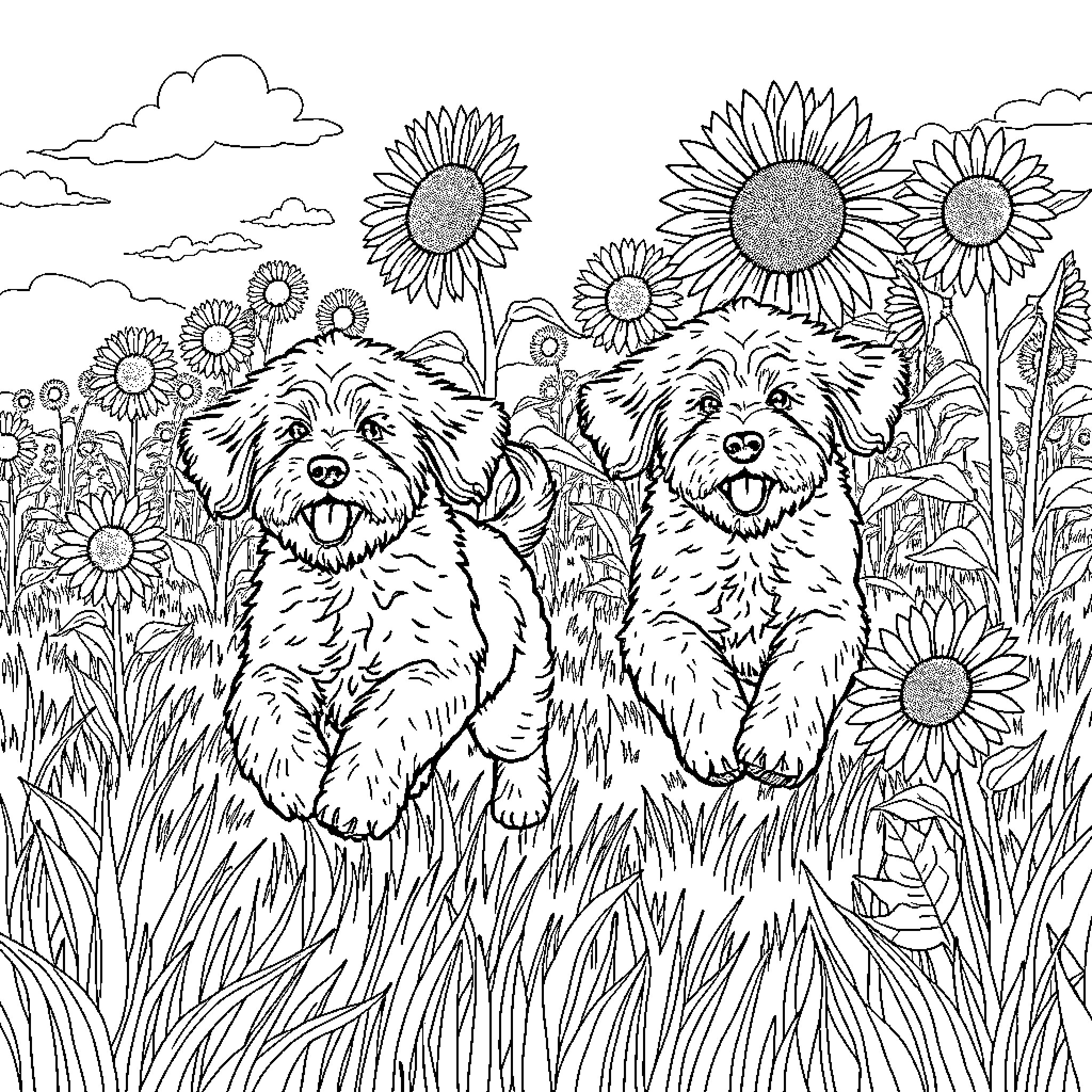 Goldendoodle dogs enjoying a sunny day in the field of sunflowers Coloring Page (free black-and-white line drawing printable PDF for all, from beginners to advanced learners, including children, teens, adults, and seniors)