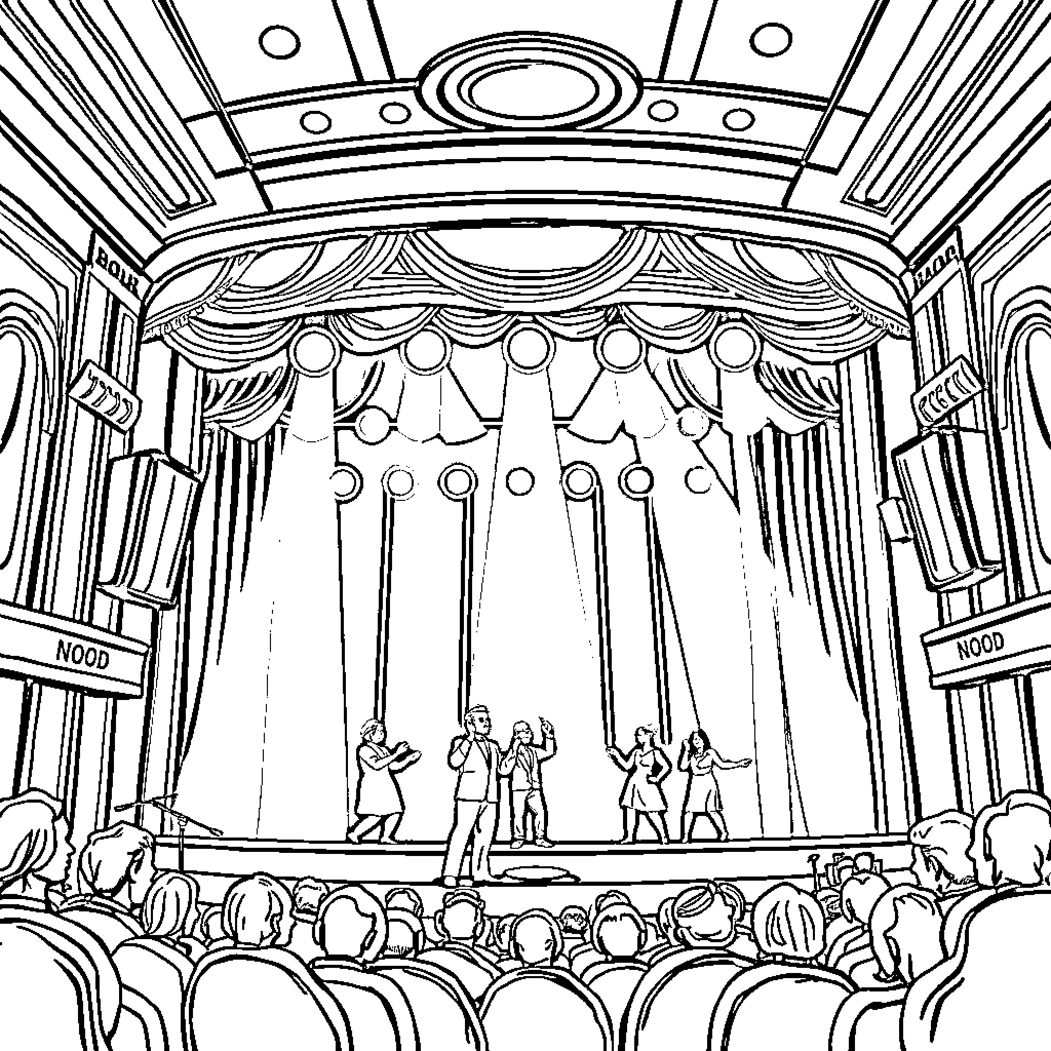 Musical Theater Performers Entertaining the Audience Coloring Page (free black-and-white line drawing printable PDF for all, from beginners to advanced learners, including children, teens, adults, and seniors)