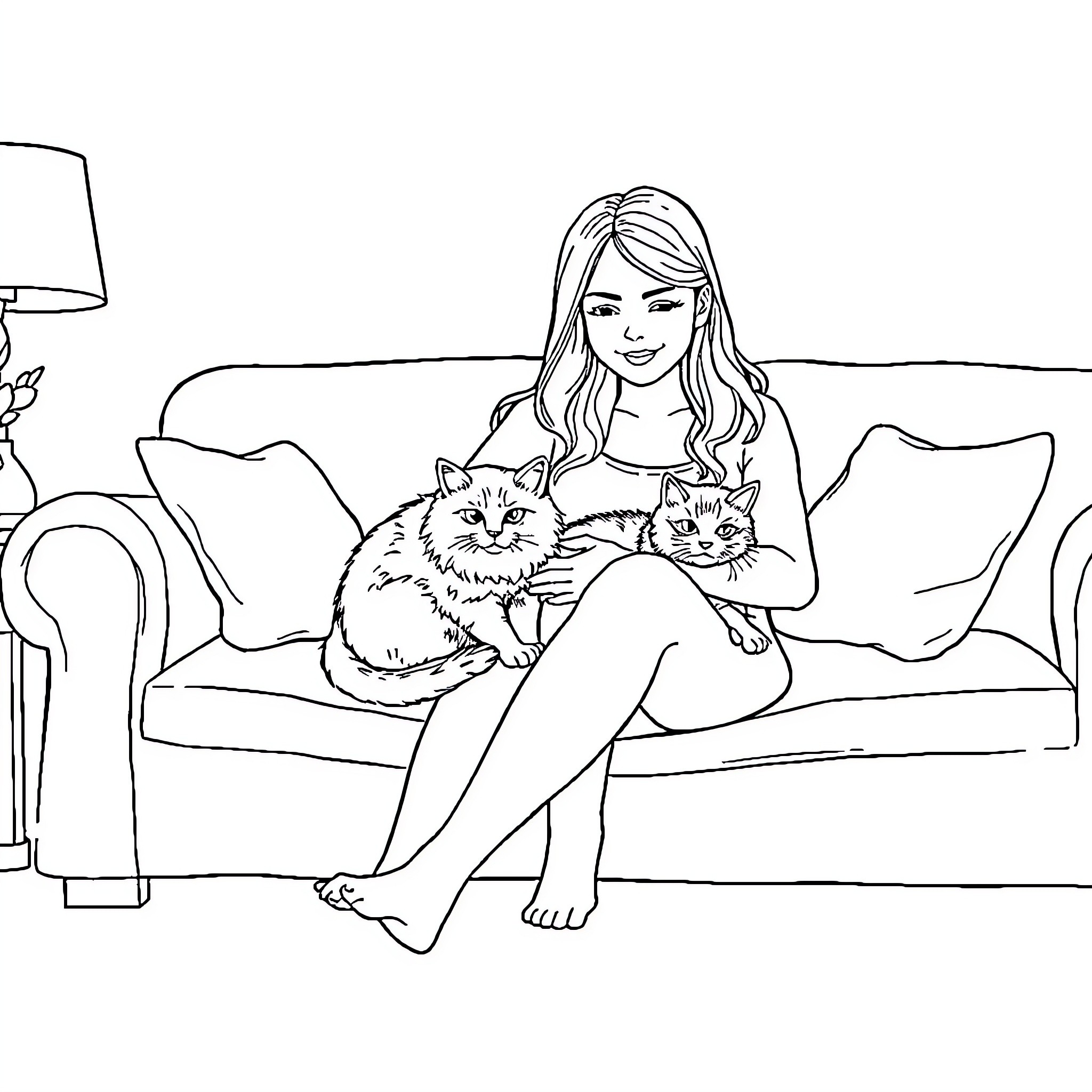 Wife relaxing with beloved cats on the couch Coloring Page (free black-and-white line drawing printable PDF for all, from beginners to advanced learners, including children, teens, adults, and seniors)