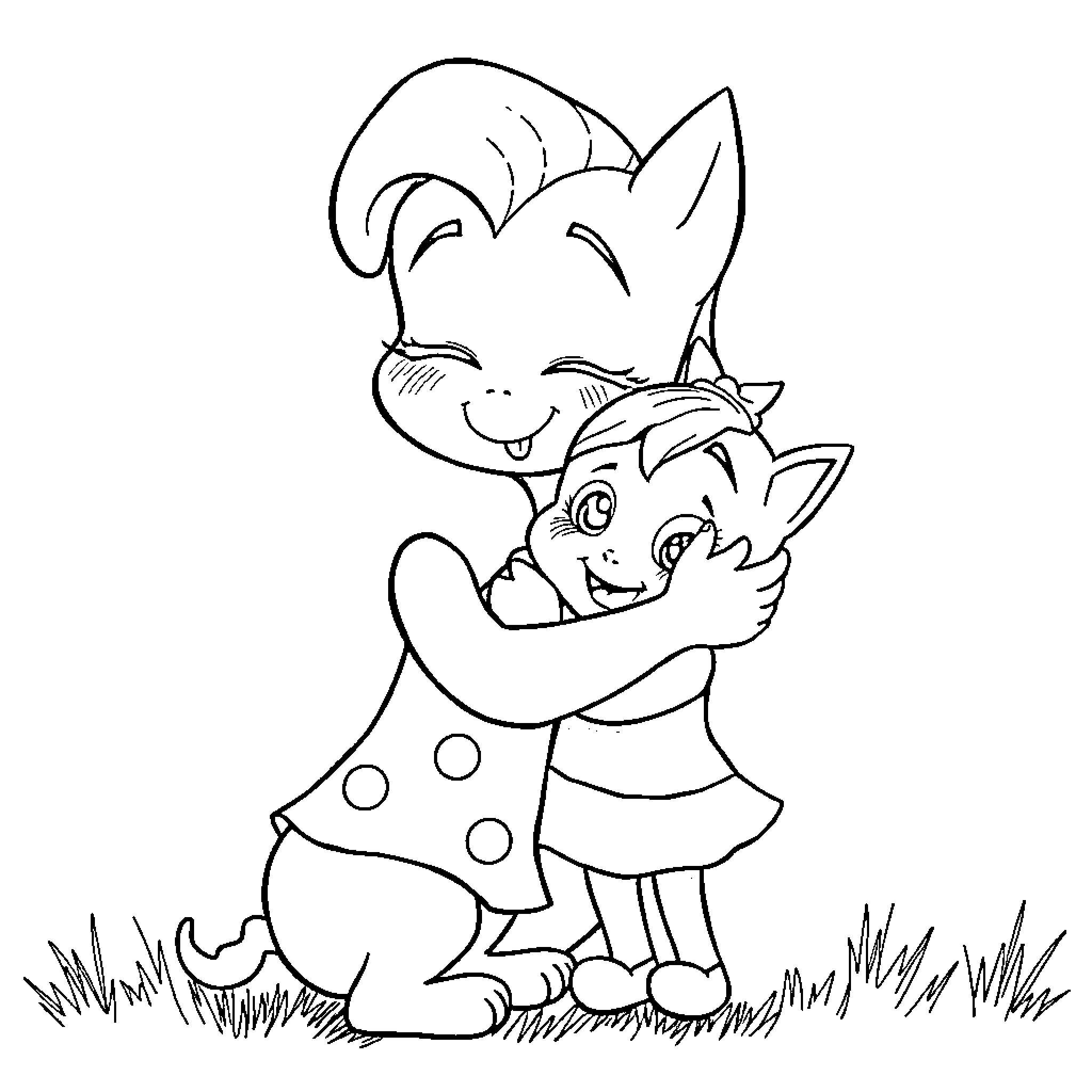 Bluey and Bingo Embracing Happily Coloring Page (free black-and-white line drawing printable PDF for all, from beginners to advanced learners, including children, teens, adults, and seniors)
