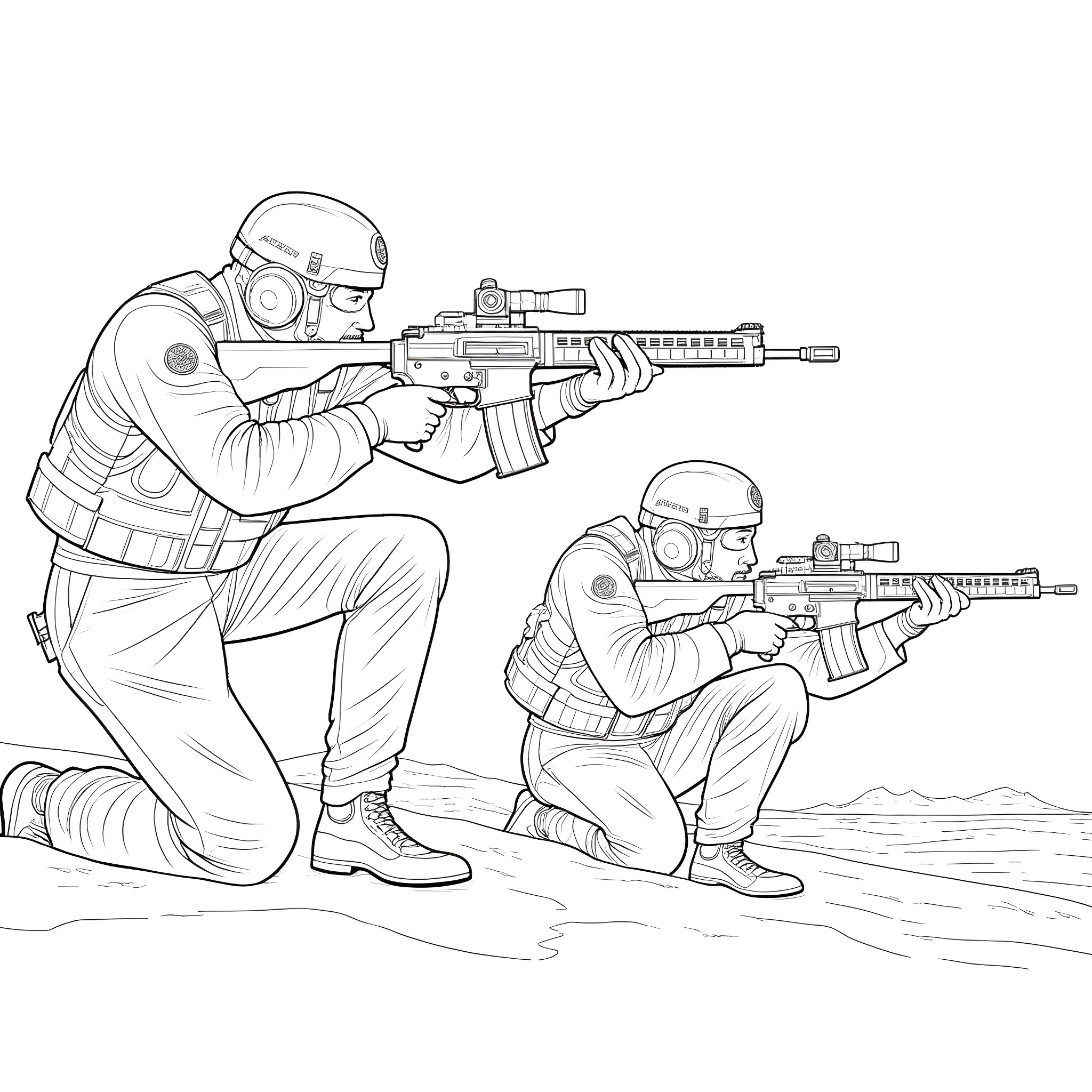 Dude soldiers holding assault rifles in combat pose Coloring Page (free black-and-white line drawing printable PDF for all, from beginners to advanced learners, including children, teens, adults, and seniors)