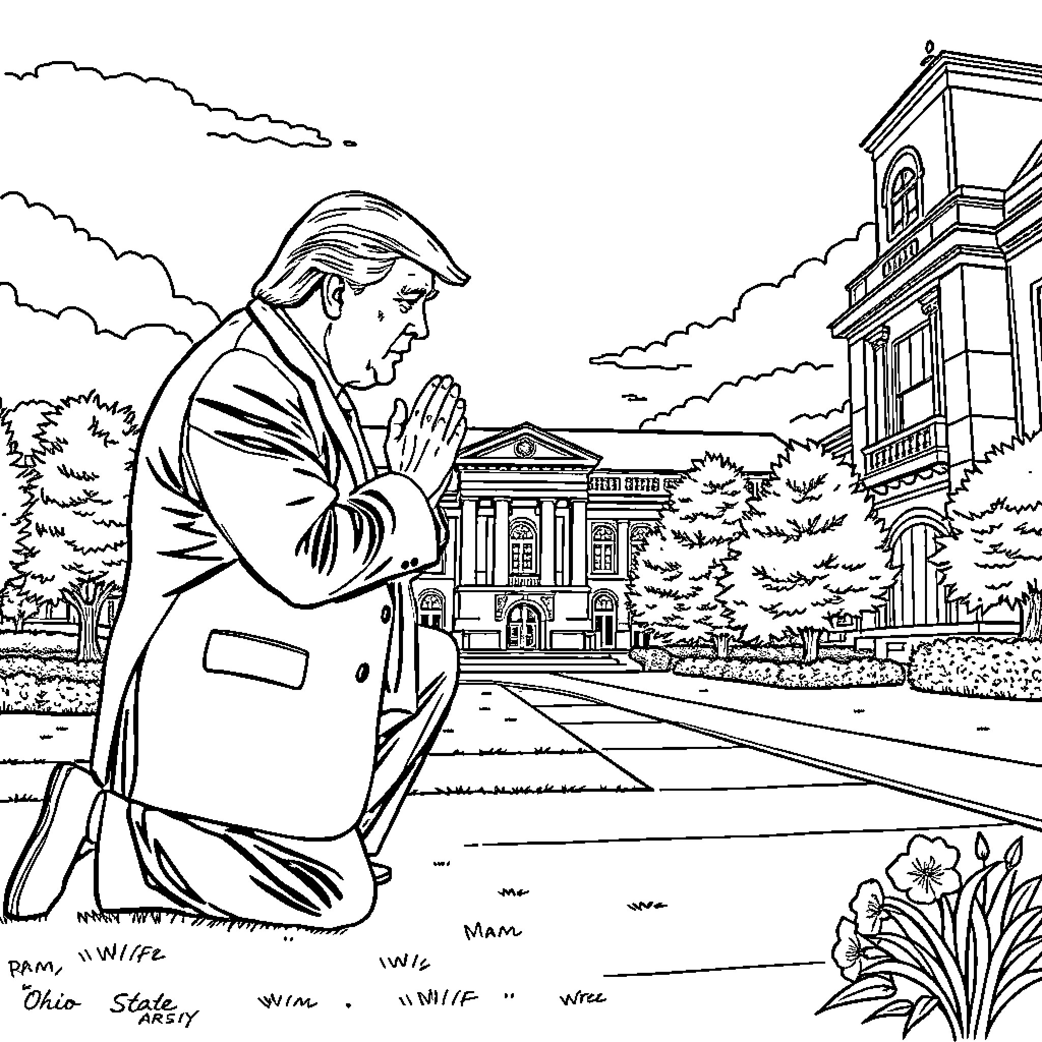 Donald Trump Praying in Front of State Capitol Coloring Page (free black-and-white line drawing printable PDF for all, from beginners to advanced learners, including children, teens, adults, and seniors)