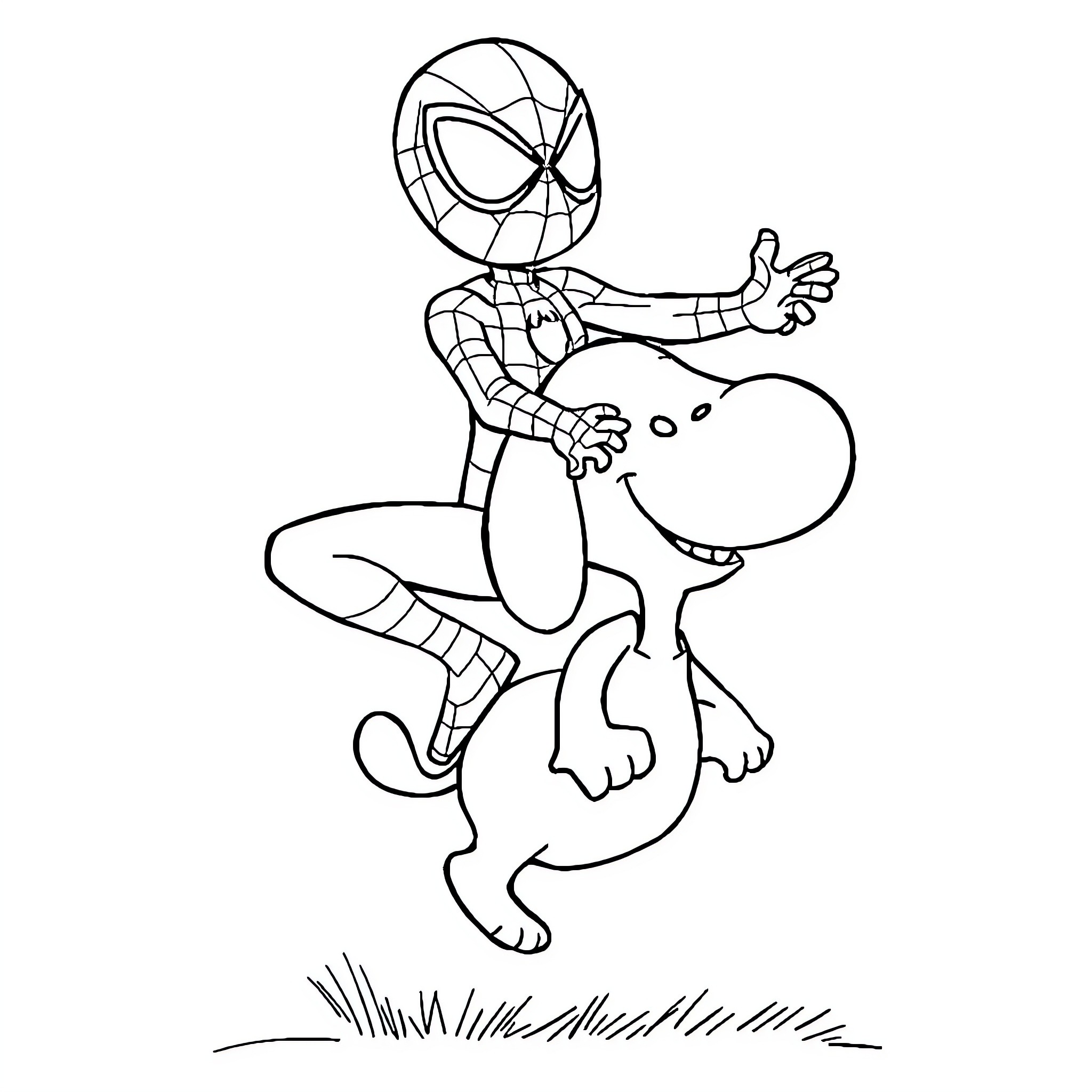 Spiderman riding a dinosaur playfully Coloring Page (free black-and-white line drawing printable PDF for all, from beginners to advanced learners, including children, teens, adults, and seniors)
