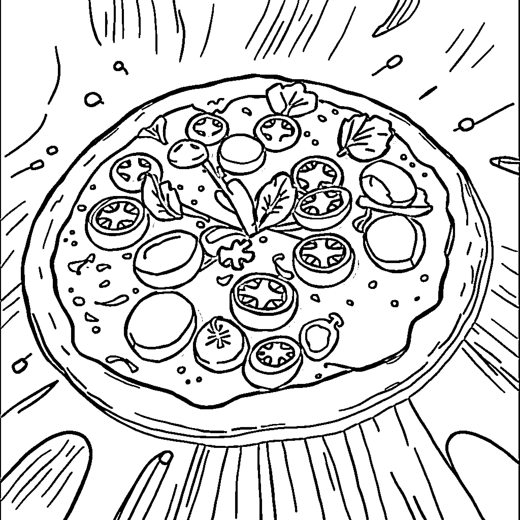 Pizza with Vibrant Toppings Coloring Page (free black-and-white line drawing printable PDF for all, from beginners to advanced learners, including children, teens, adults, and seniors)
