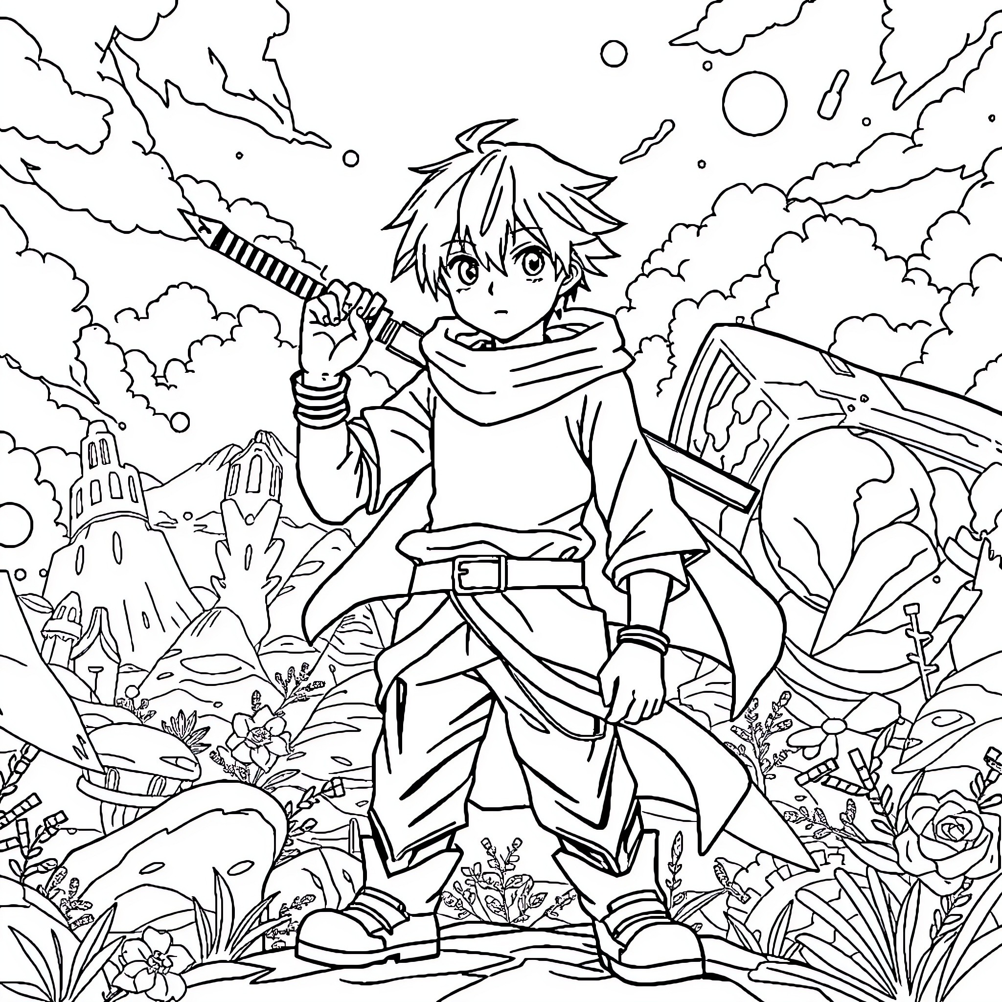 Kirito in an Adventurous Fantasy Landscape Coloring Page (free black-and-white line drawing printable PDF for all, from beginners to advanced learners, including children, teens, adults, and seniors)