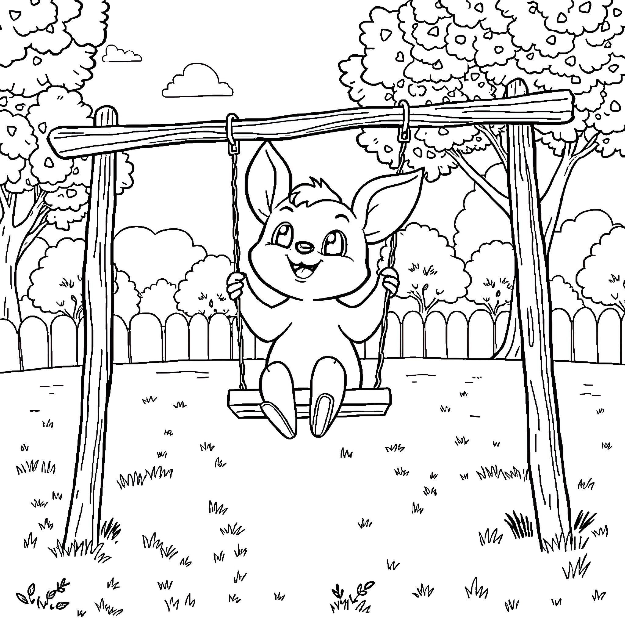 Eevee playing on a swing in the forest Coloring Page (free black-and-white line drawing printable PDF for all, from beginners to advanced learners, including children, teens, adults, and seniors)