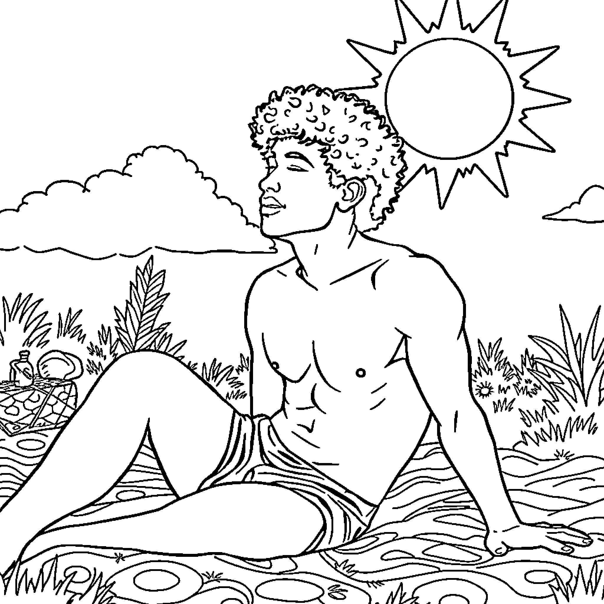 Anthony Ramos relaxing in the outdoors Coloring Page (free black-and-white line drawing printable PDF for all, from beginners to advanced learners, including children, teens, adults, and seniors)