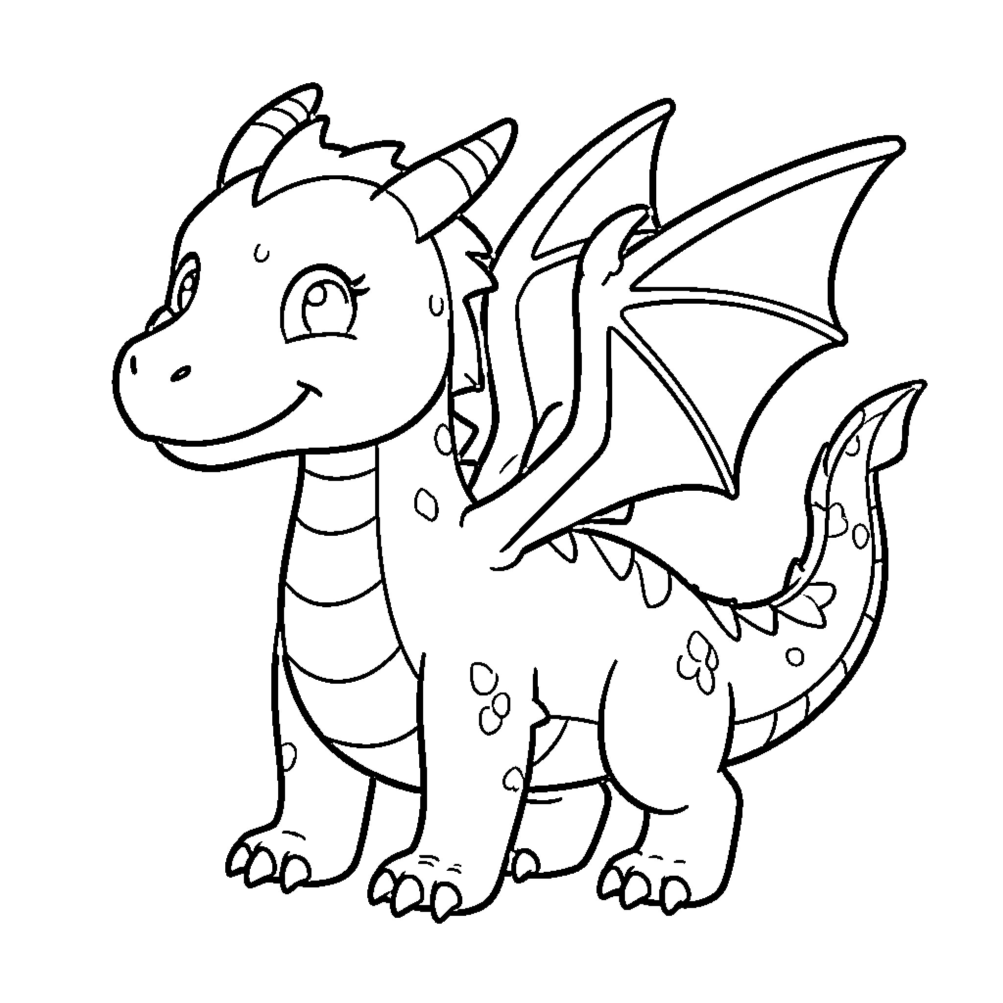 Dragon in playful expression Coloring Page (free black-and-white line drawing printable PDF for all, from beginners to advanced learners, including children, teens, adults, and seniors)