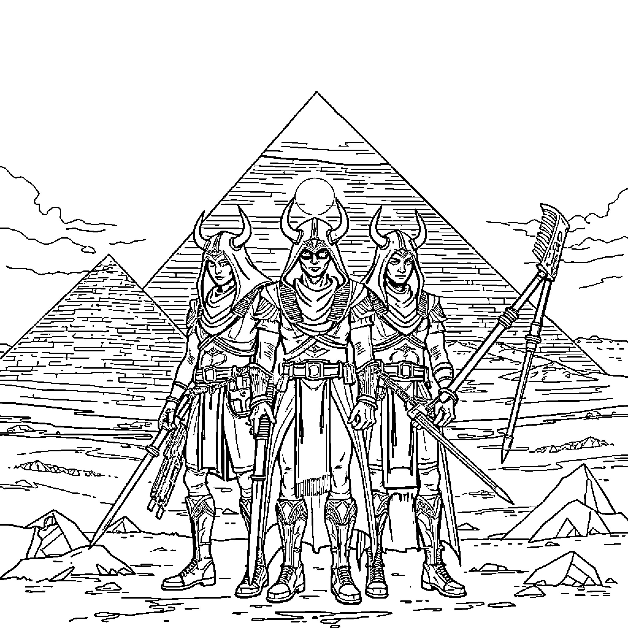 Kpop Demon Hunters Defending Ancient Ruins Coloring Page (free black-and-white line drawing printable PDF for all, from beginners to advanced learners, including children, teens, adults, and seniors)