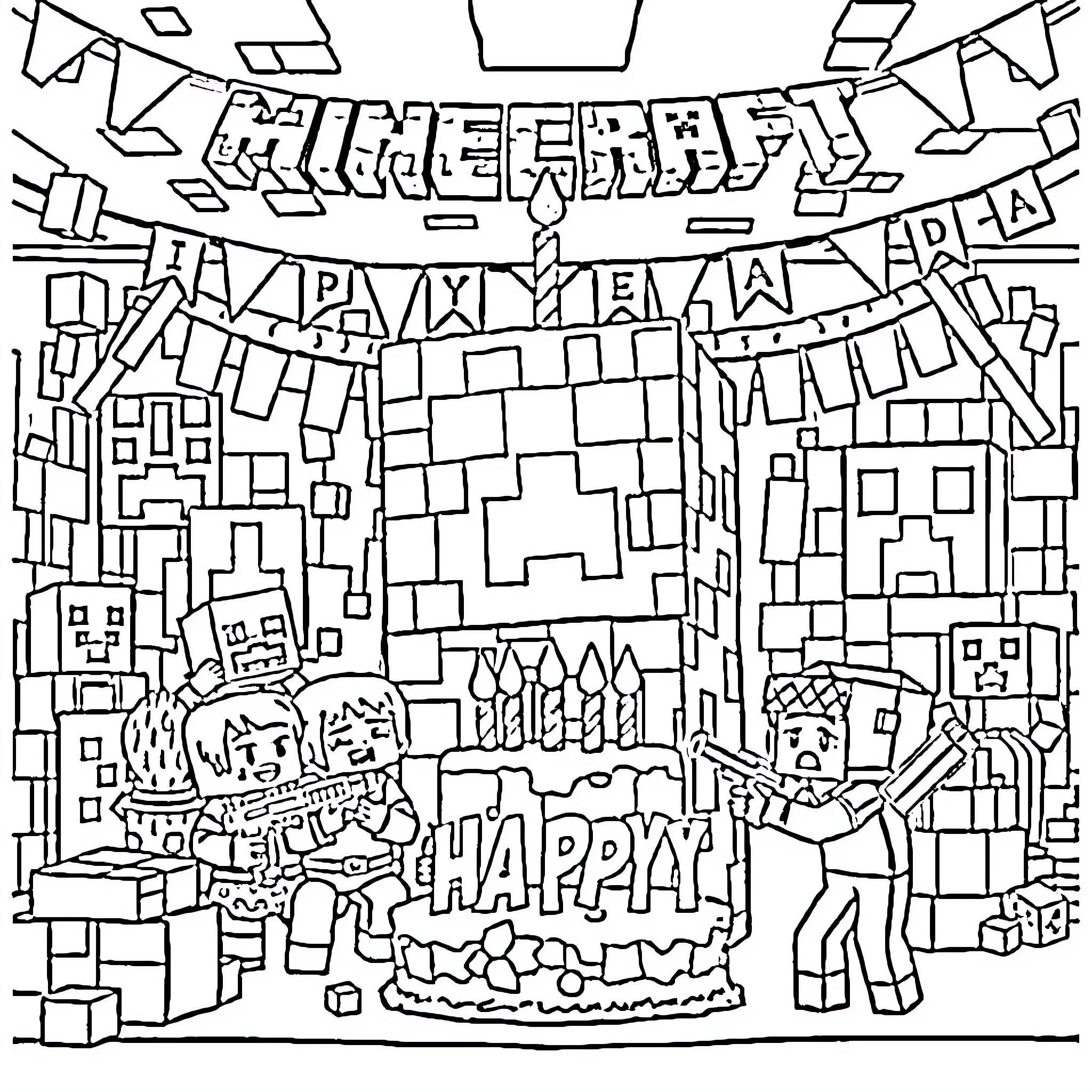 Minecraft party celebration with decorations and characters Coloring Page (free black-and-white line drawing printable PDF for all, from beginners to advanced learners, including children, teens, adults, and seniors)