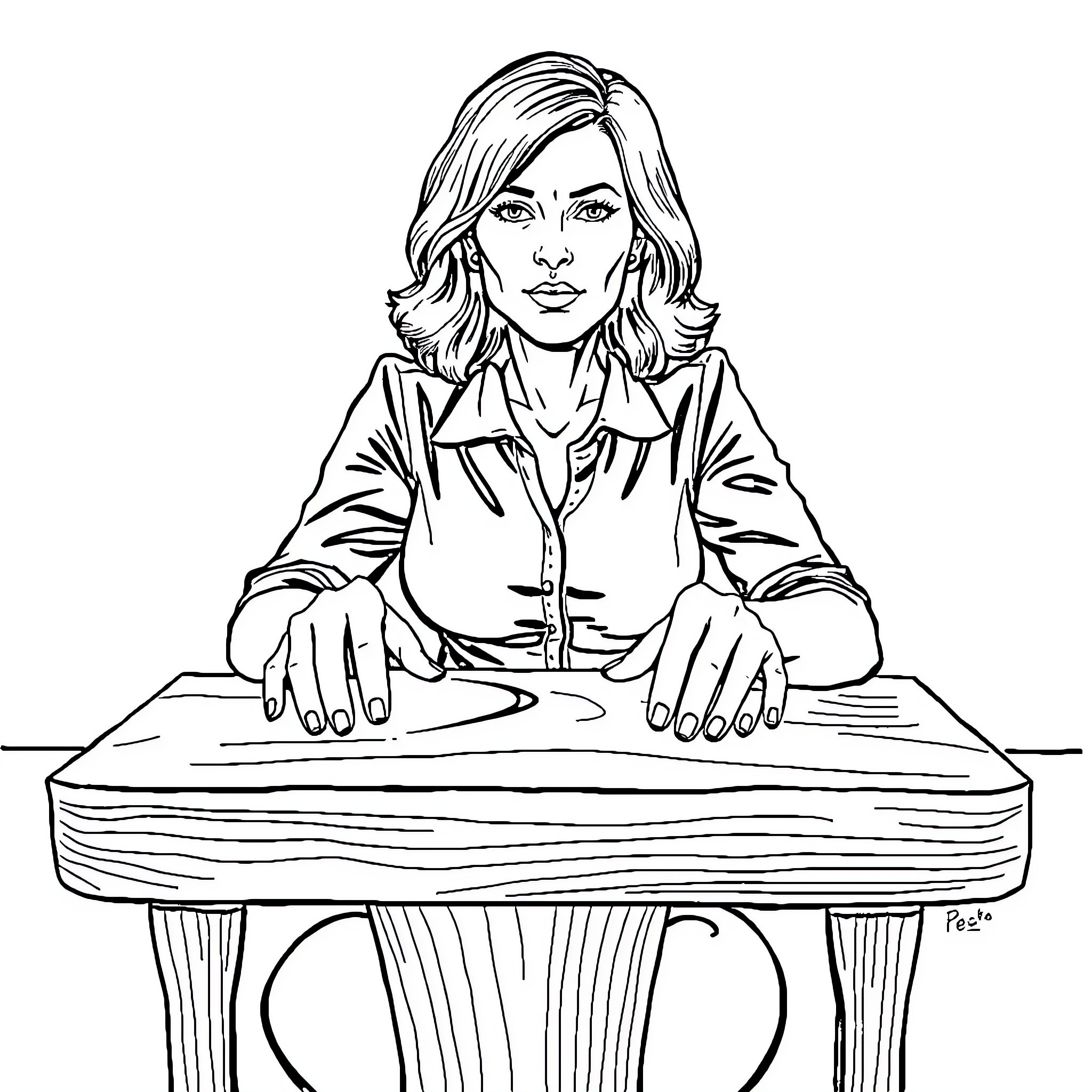 Woman seated at a desk focused on work Coloring Page (free black-and-white line drawing printable PDF for all, from beginners to advanced learners, including children, teens, adults, and seniors)