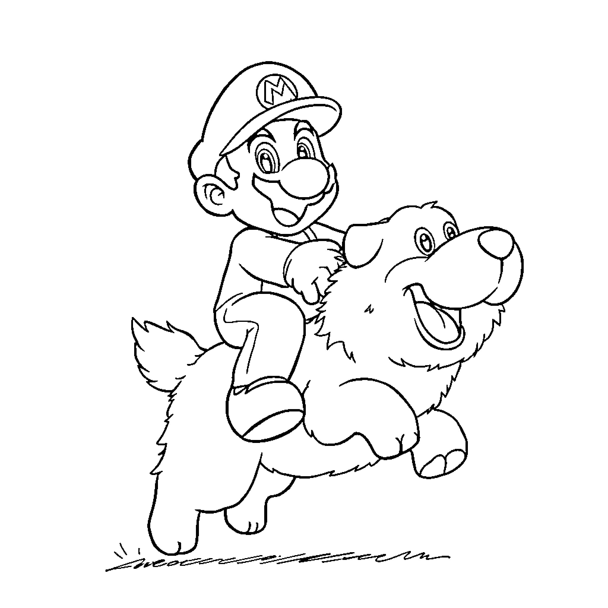 Mario happily riding a friendly dog Coloring Page (free black-and-white line drawing printable PDF for all, from beginners to advanced learners, including children, teens, adults, and seniors)