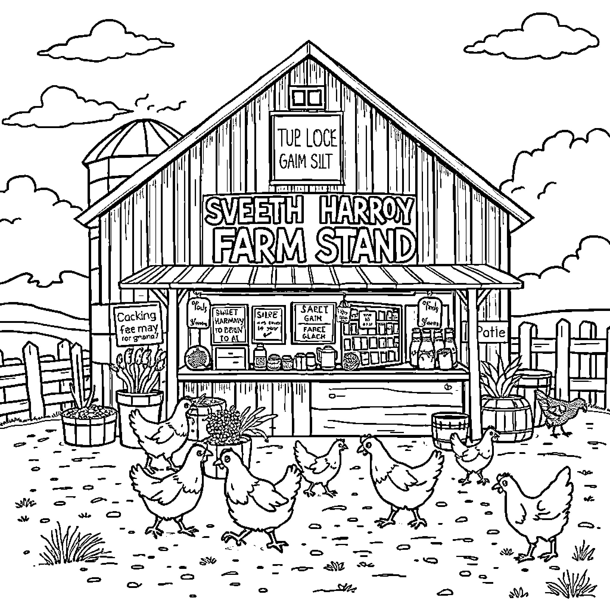 Farm Stand with Produce, Chickens, and Rustic Charm Coloring Page (free black-and-white line drawing printable PDF for all, from beginners to advanced learners, including children, teens, adults, and seniors)