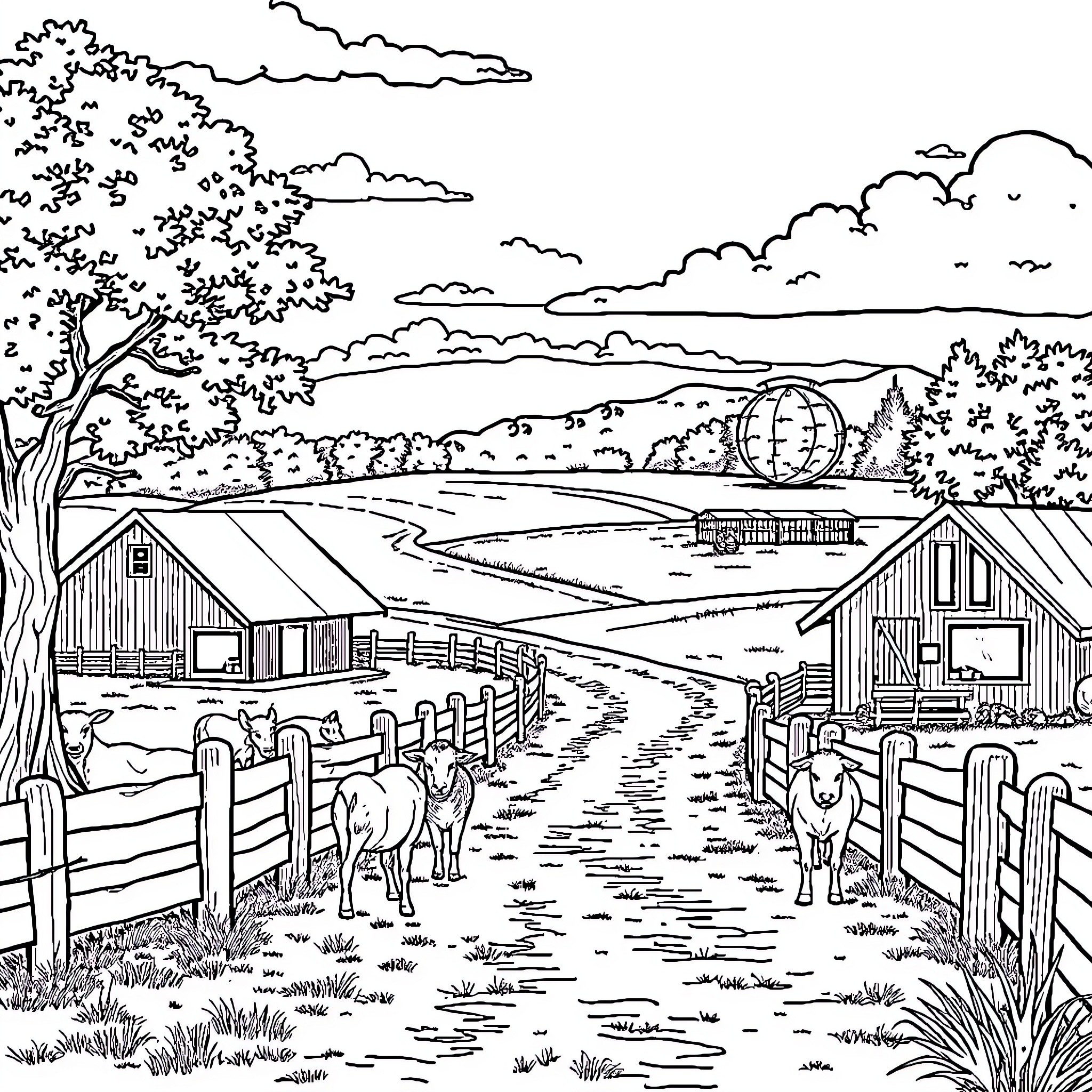 MSU Tollgate Farm: Rustic Countryside Landscape Coloring Page (free black-and-white line drawing printable PDF for all, from beginners to advanced learners, including children, teens, adults, and seniors)