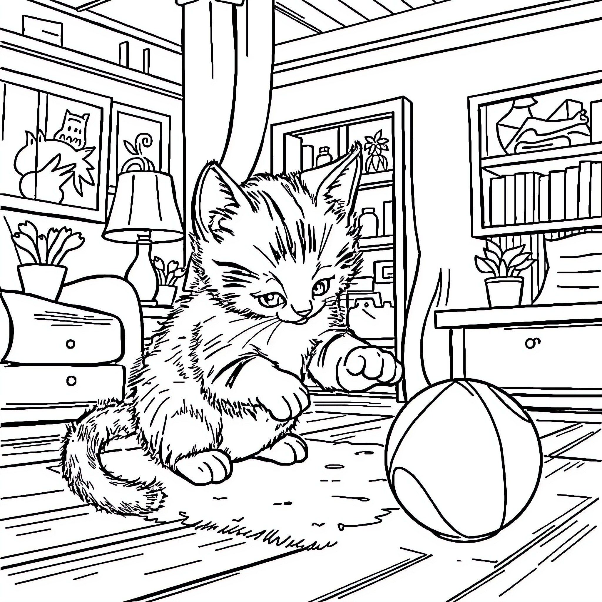 Chat with a curious kitten in a cozy home Coloring Page (free black-and-white line drawing printable PDF for all, from beginners to advanced learners, including children, teens, adults, and seniors)
