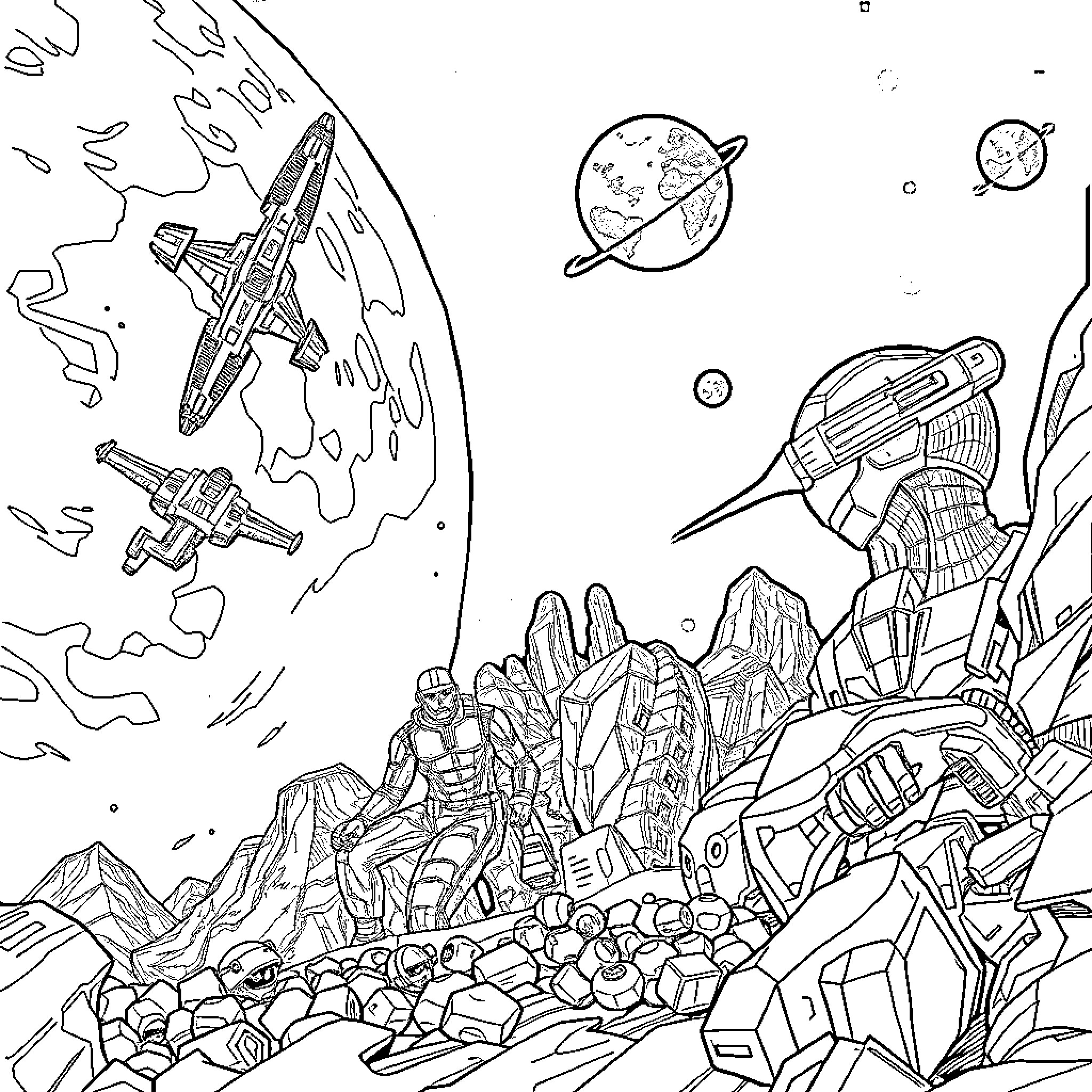 Mass Effect: Galactic Exploration and Warfare Coloring Page (free black-and-white line drawing printable PDF for all, from beginners to advanced learners, including children, teens, adults, and seniors)