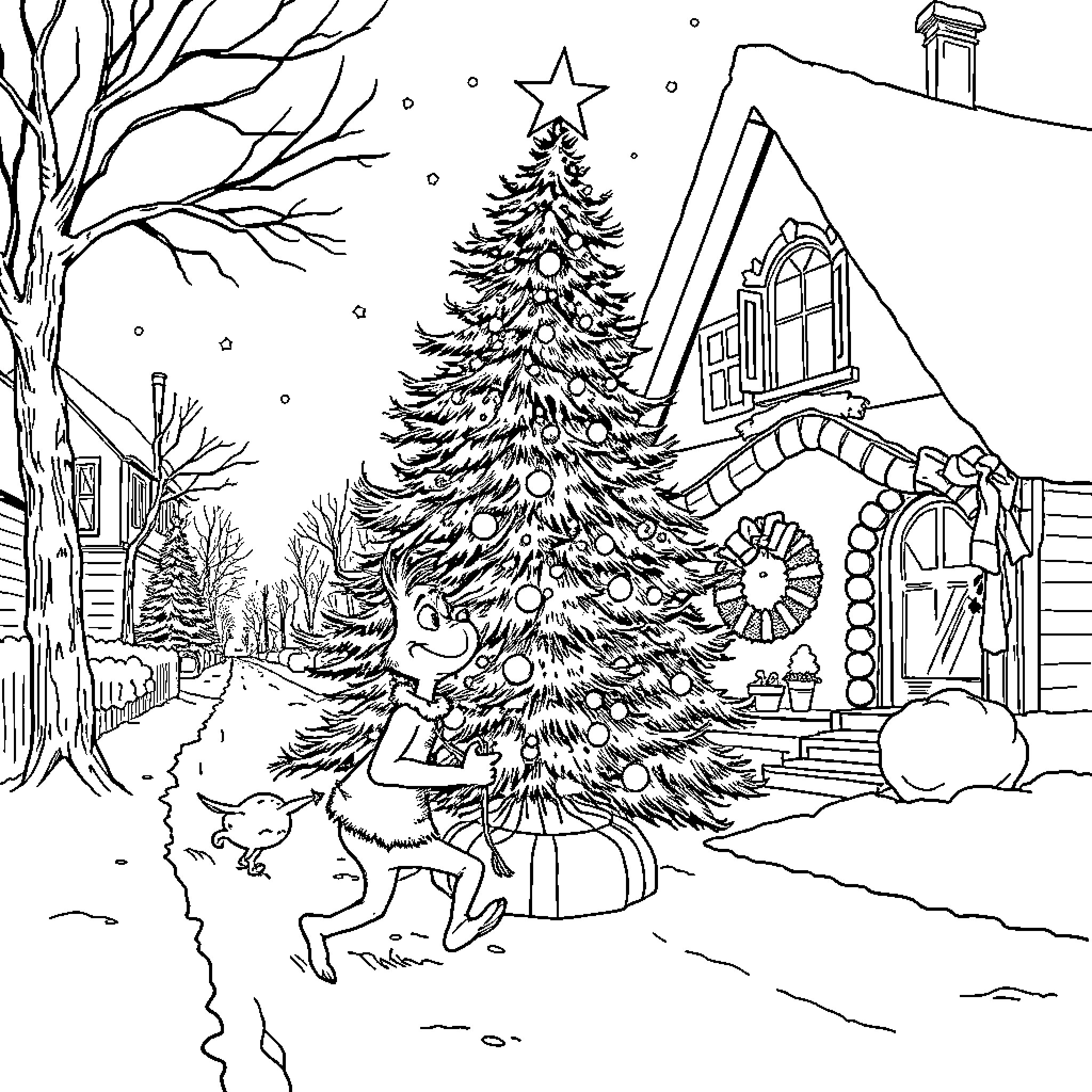 Grinch decorating a festive Christmas tree outdoors Coloring Page (free black-and-white line drawing printable PDF for all, from beginners to advanced learners, including children, teens, adults, and seniors)