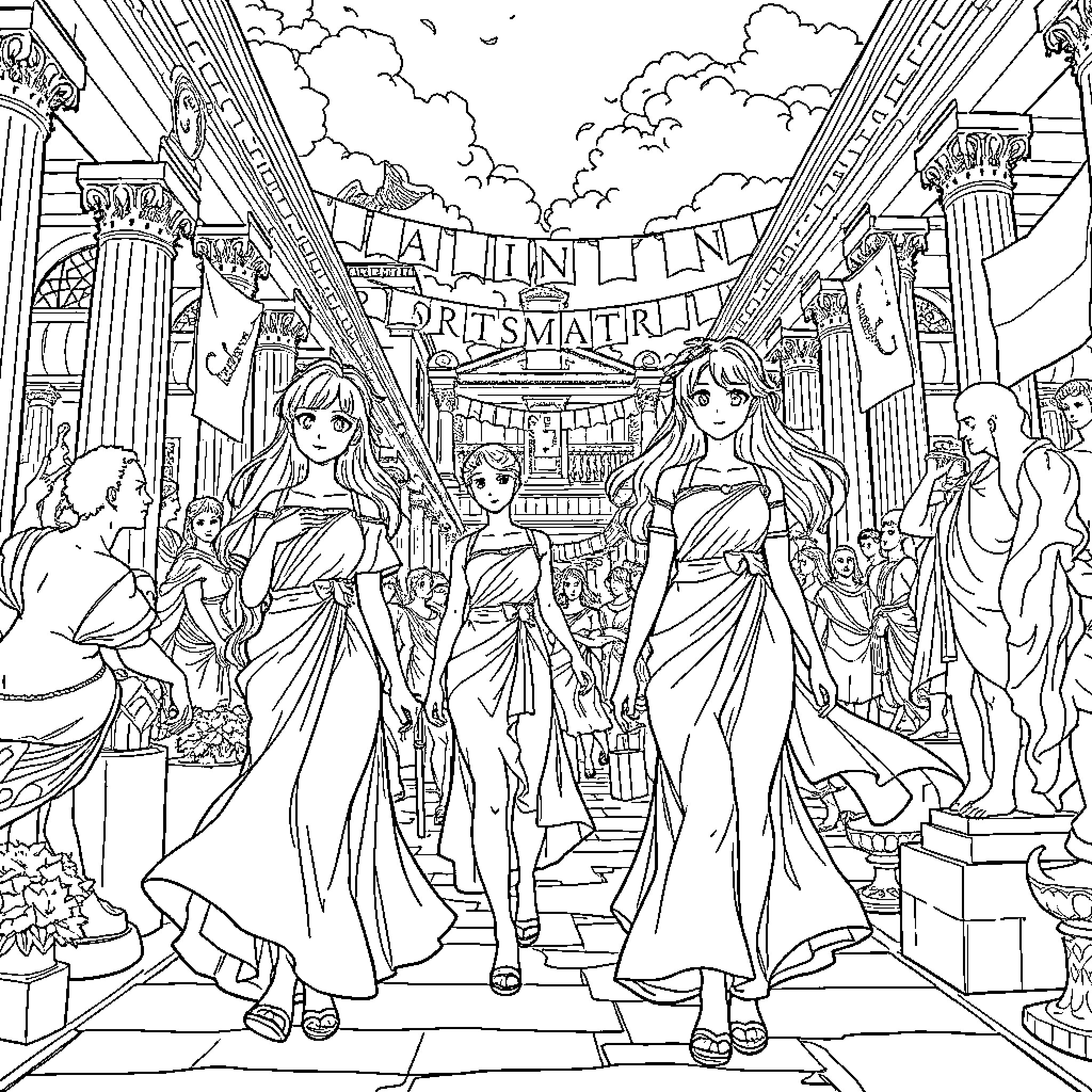 Anime Girls Walking Through Ancient Greek City Coloring Page (free black-and-white line drawing printable PDF for all, from beginners to advanced learners, including children, teens, adults, and seniors)