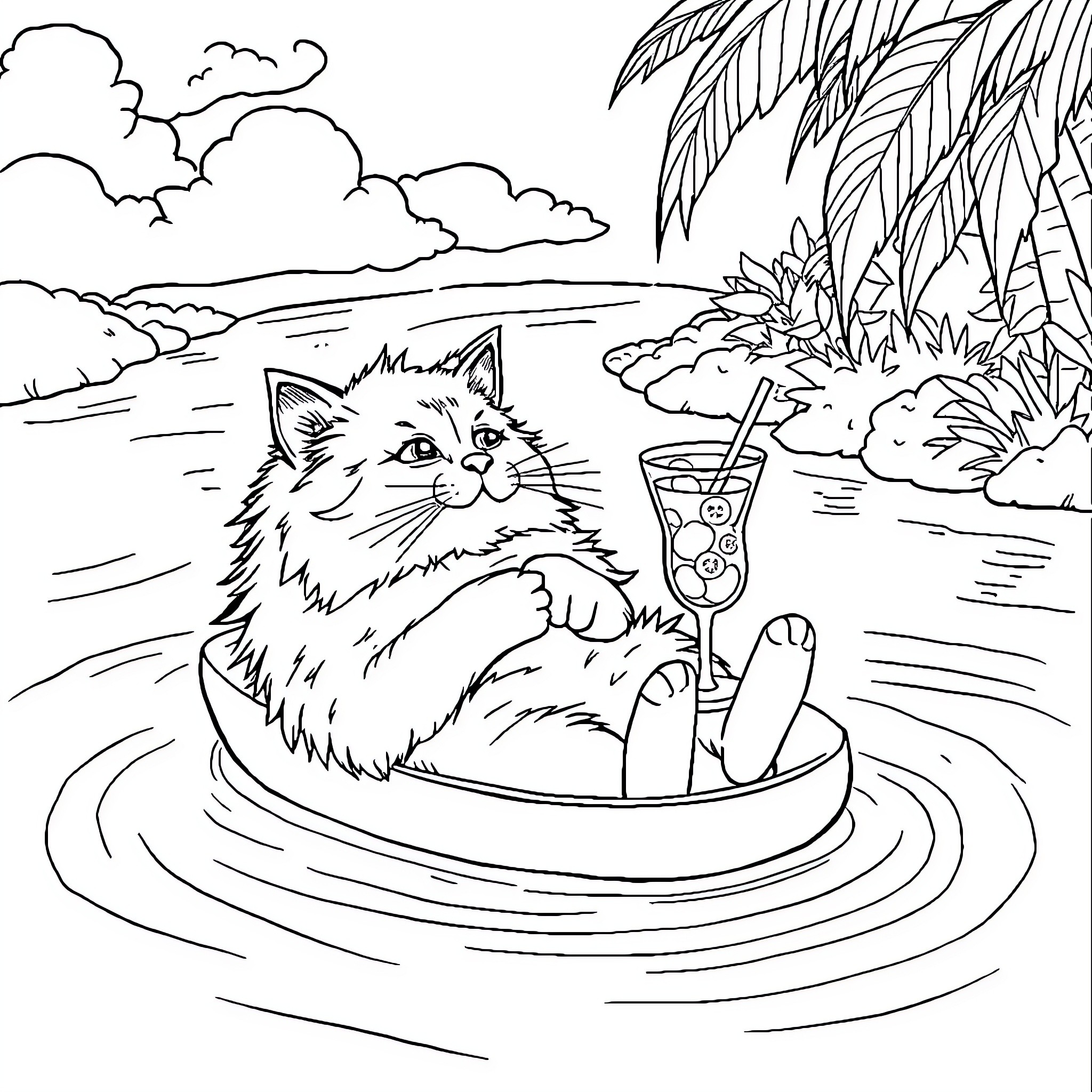 Cat relaxing in a beach pool with drink Coloring Page (free black-and-white line drawing printable PDF for all, from beginners to advanced learners, including children, teens, adults, and seniors)
