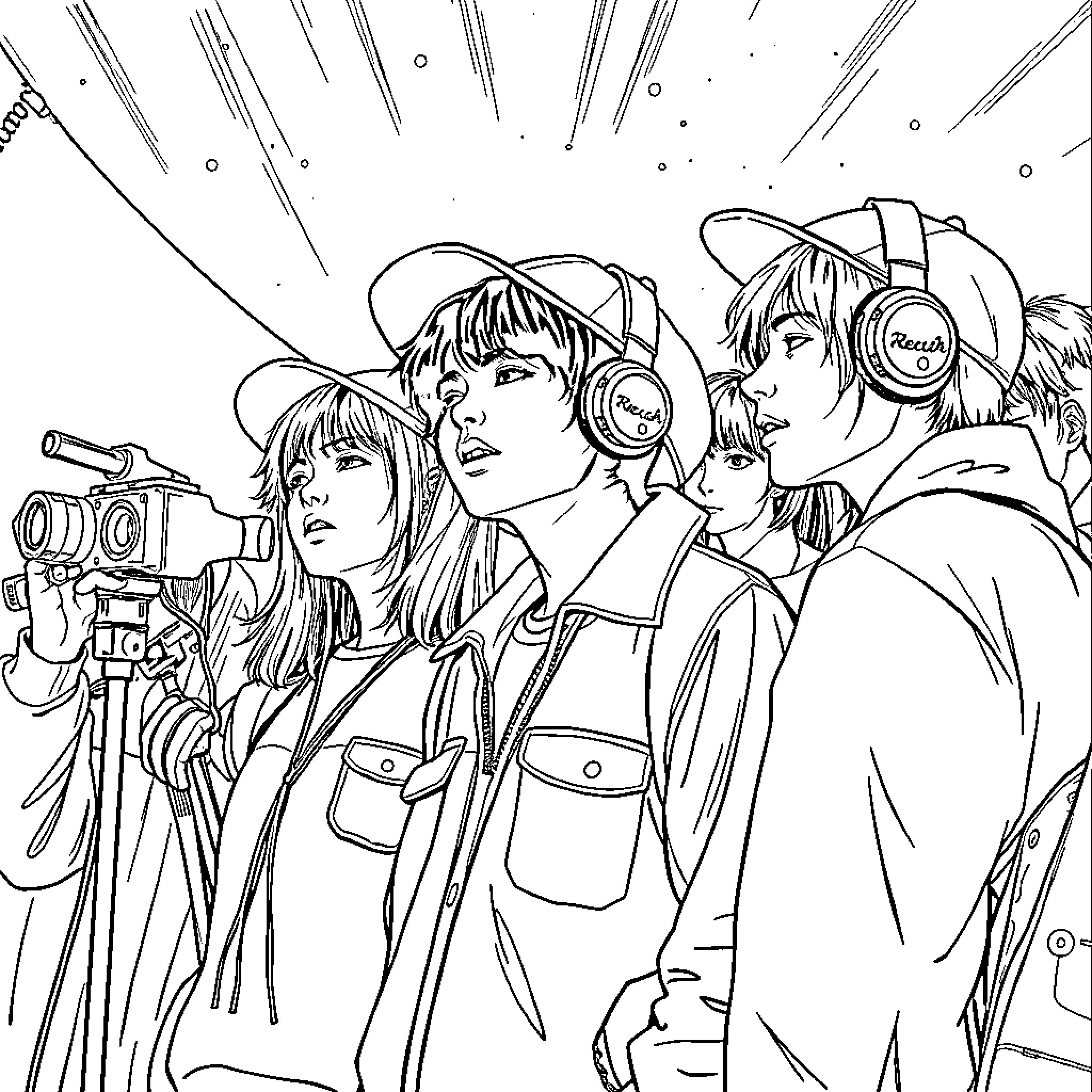 Kpop performers on stage with camera equipment Coloring Page (free black-and-white line drawing printable PDF for all, from beginners to advanced learners, including children, teens, adults, and seniors)