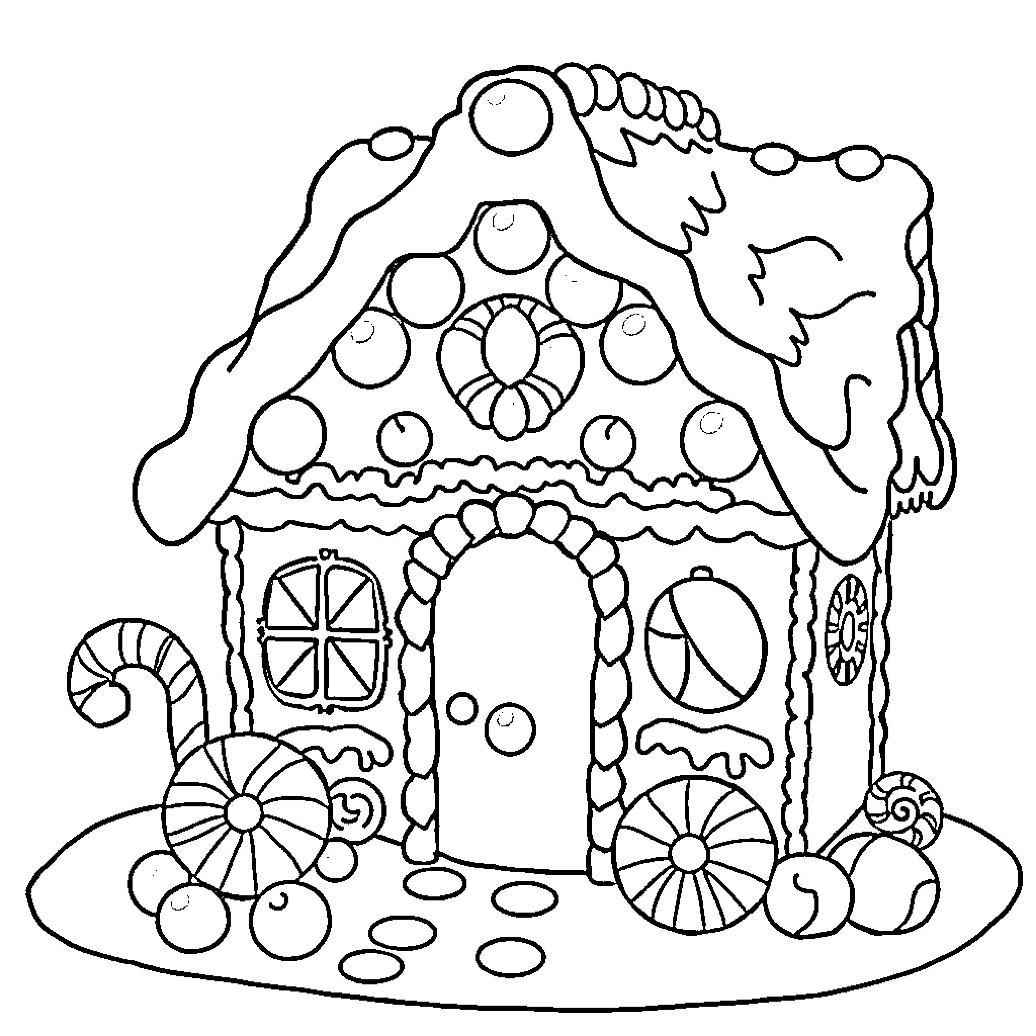 Gingerbread House with Whimsical Decorations Coloring Page (free black-and-white line drawing printable PDF for all, from beginners to advanced learners, including children, teens, adults, and seniors)