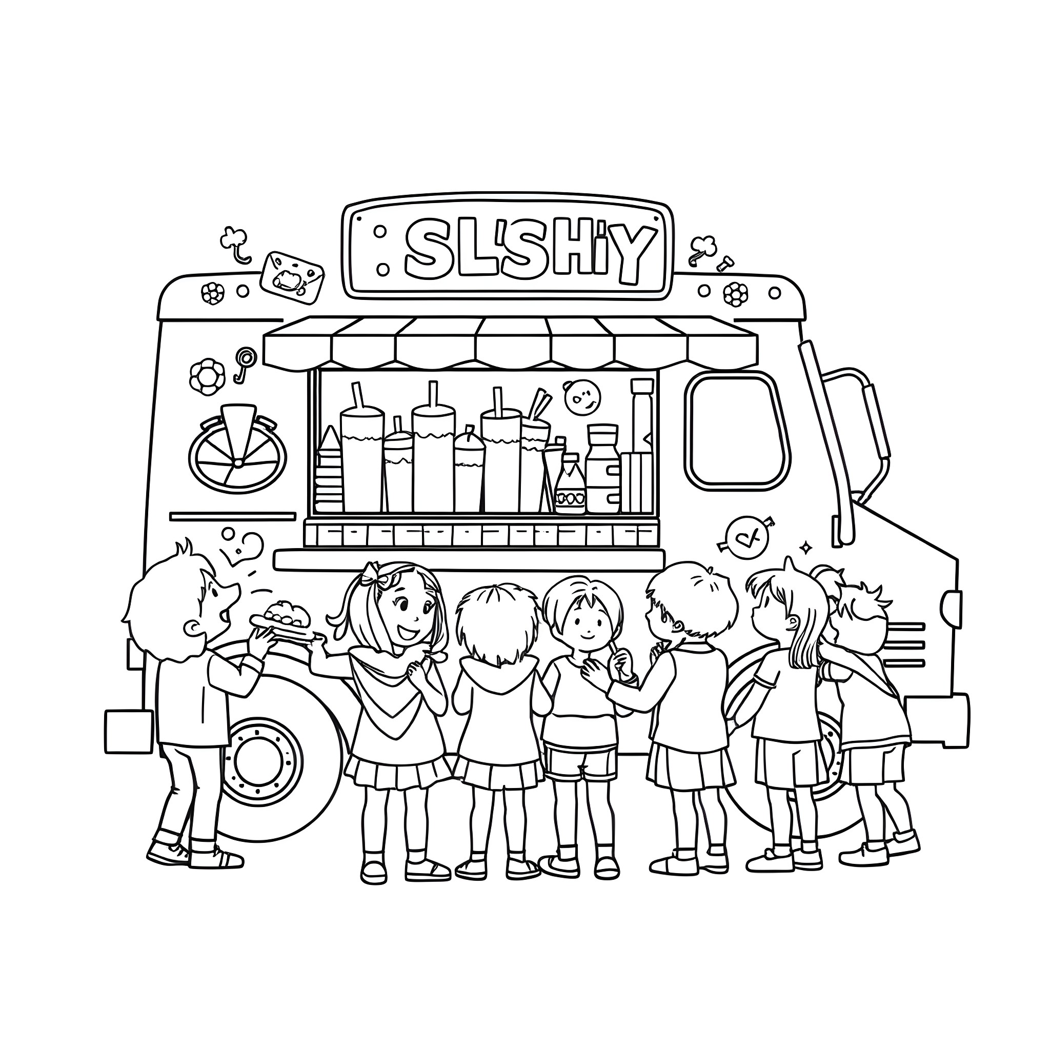 Food Truck with Children Enjoying Treats Coloring Page (free black-and-white line drawing printable PDF for all, from beginners to advanced learners, including children, teens, adults, and seniors)