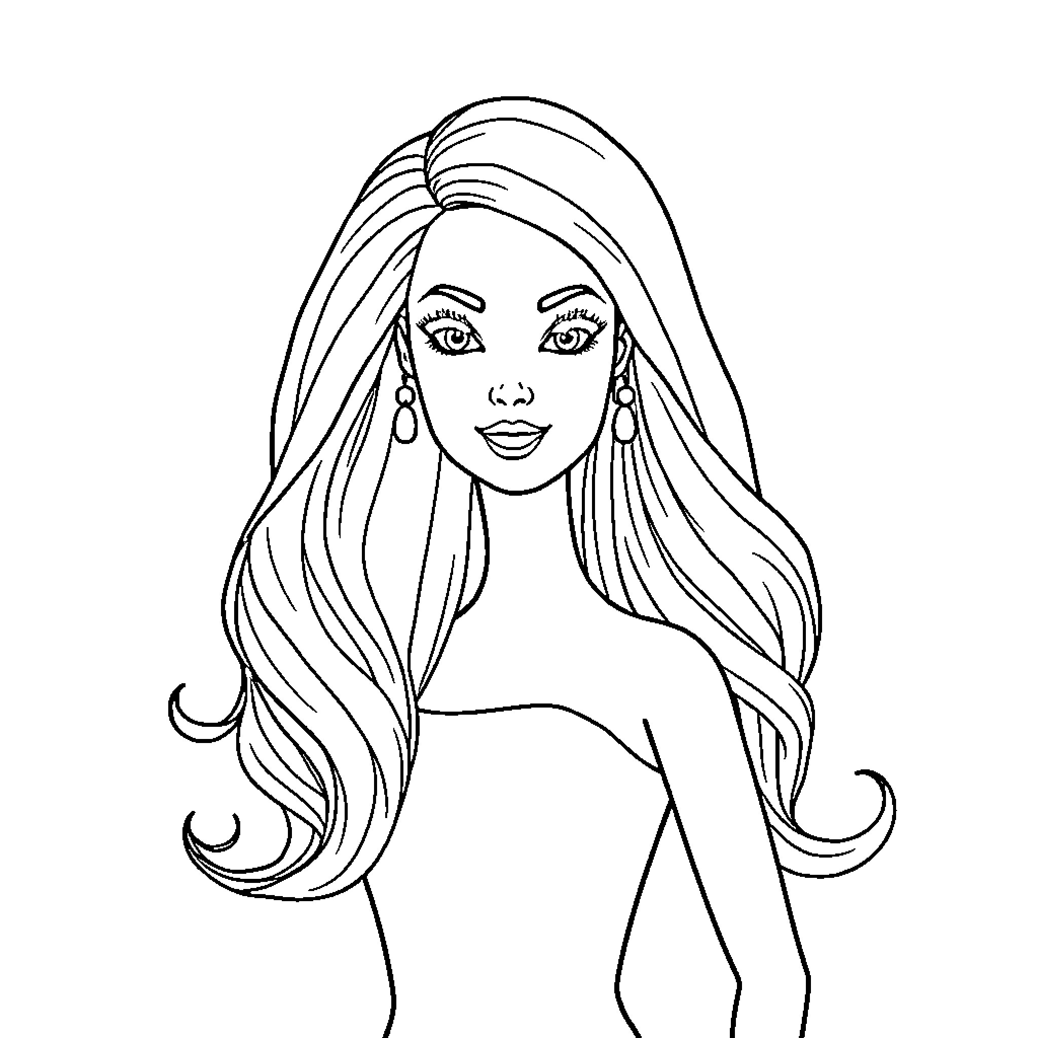 Barbie with long flowing hair Coloring Page (free black-and-white line drawing printable PDF for all, from beginners to advanced learners, including children, teens, adults, and seniors)