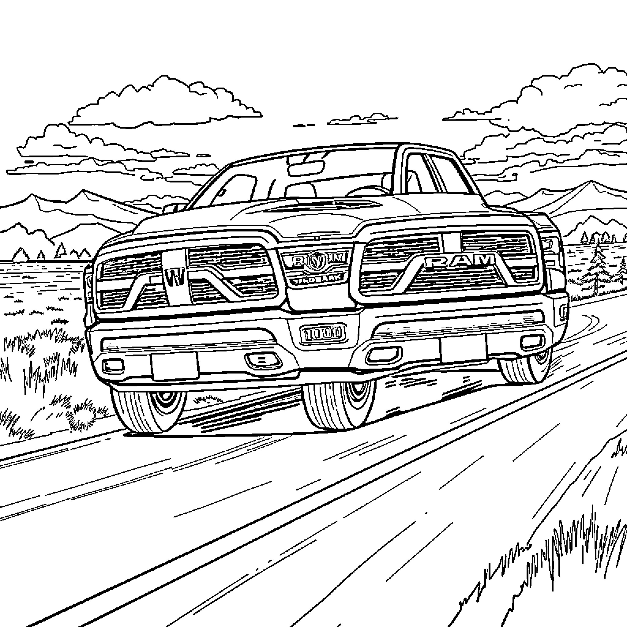 Ram speeding through a scenic mountain landscape Coloring Page (free black-and-white line drawing printable PDF for all, from beginners to advanced learners, including children, teens, adults, and seniors)